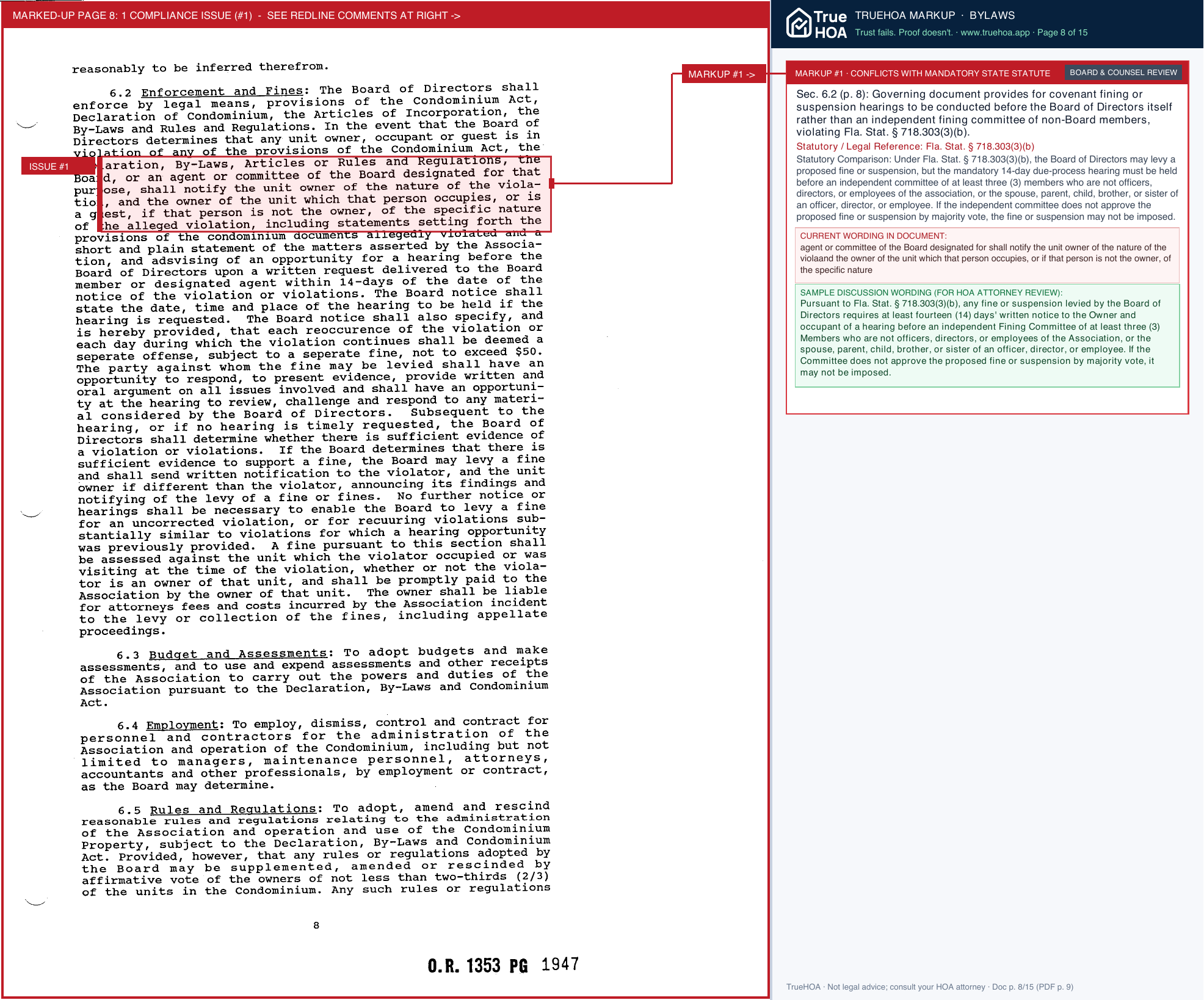 Rookery Bay Condominium Association Association Bylaws page 8 widened with TrueHOA Crystal AI margin annotations