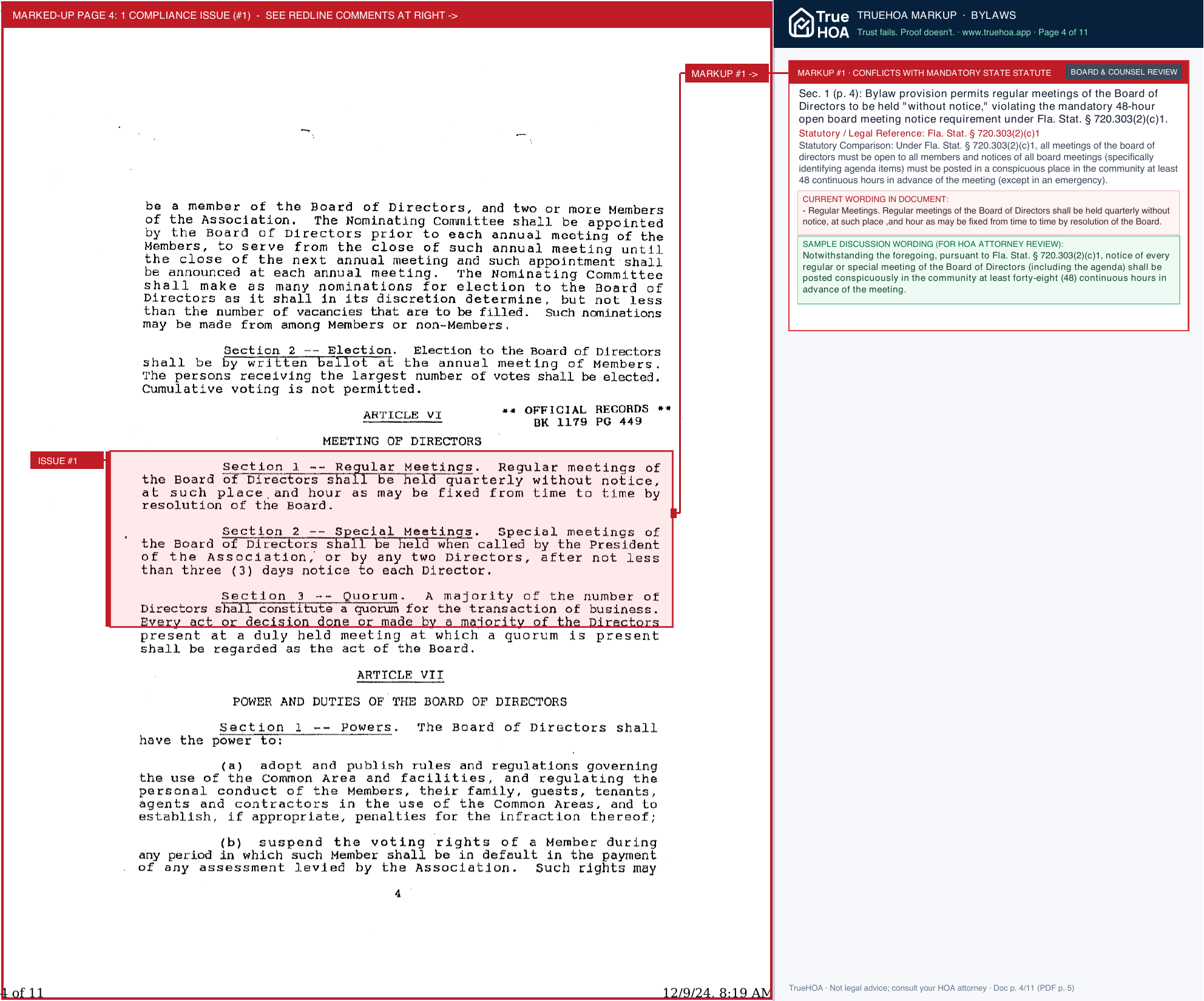 Sawgrass at Tiger Point HOA Association Bylaws page 4 widened with TrueHOA Crystal AI margin annotations