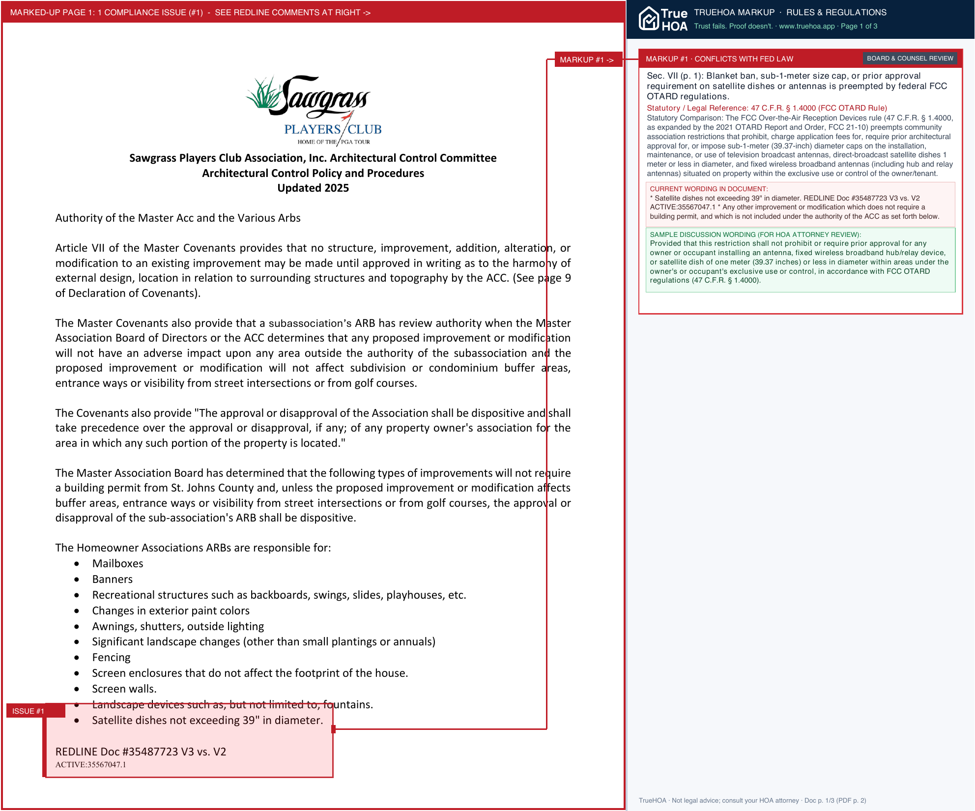 Sawgrass Players Club Association Architectural Control Policy 2025 page 1 widened with TrueHOA Crystal AI margin annotations