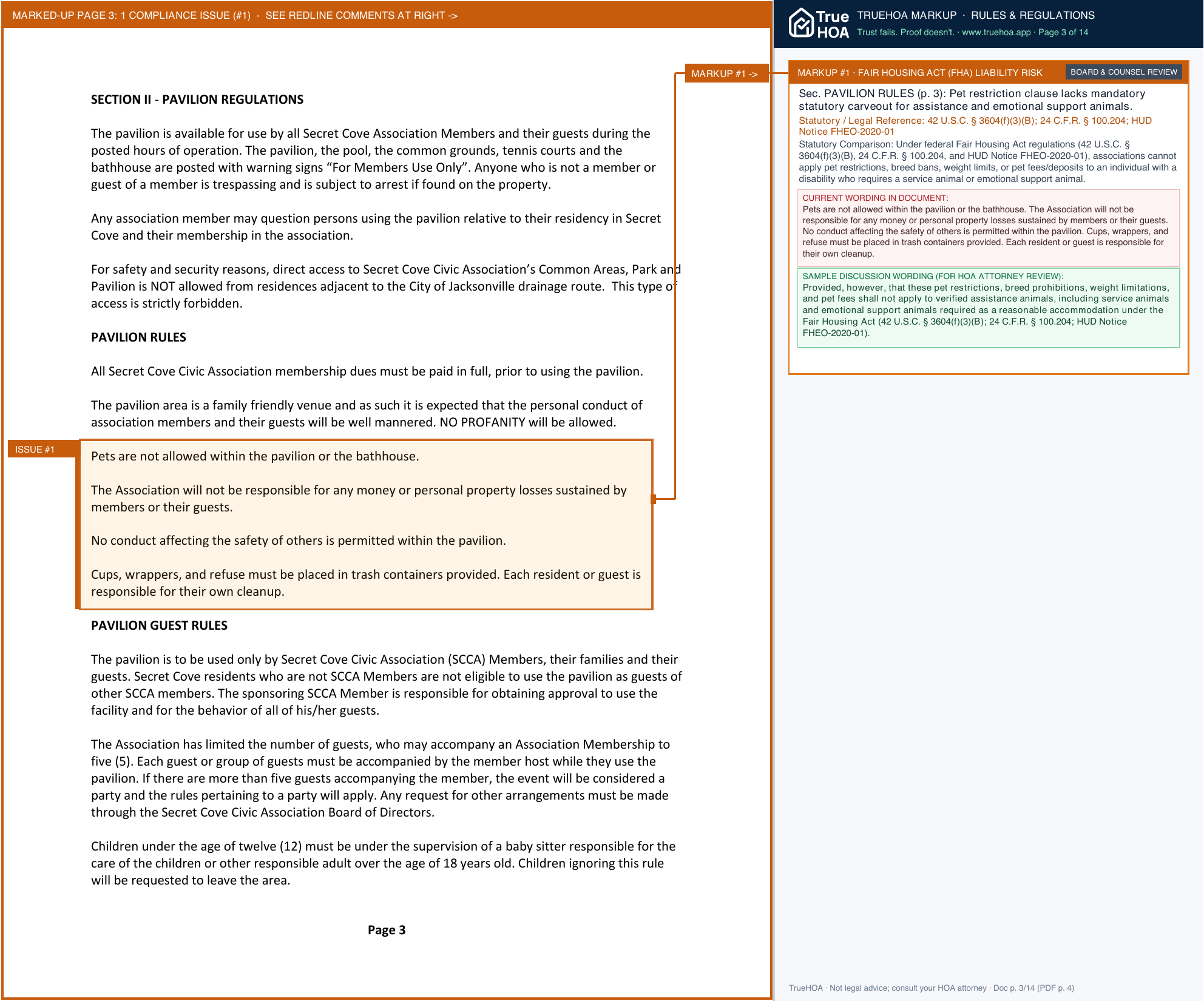 Secret Cove Civic Association SCCA Rules and Regulations page 3 widened with TrueHOA Crystal AI margin annotations