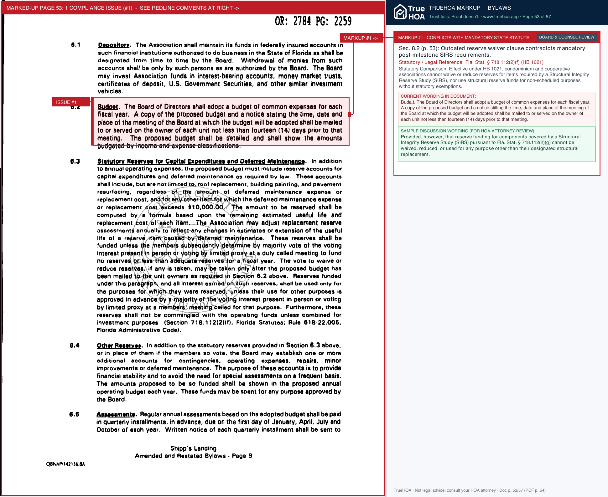 Shipp's Landing Condominium Association Restated Declaration of Condominium 2001, including Exhibits and Bylaw page 53 widened with TrueHOA Crystal AI margin annotations
