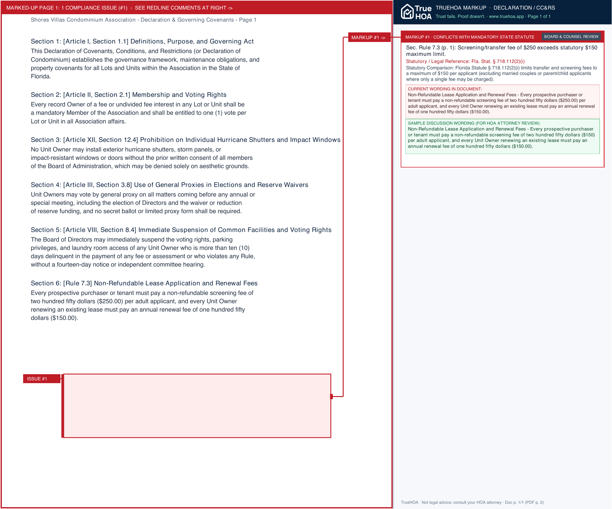 Shores Villas Condominium Association Declaration & Governing Covenants page 1 widened with TrueHOA Crystal AI margin annotations