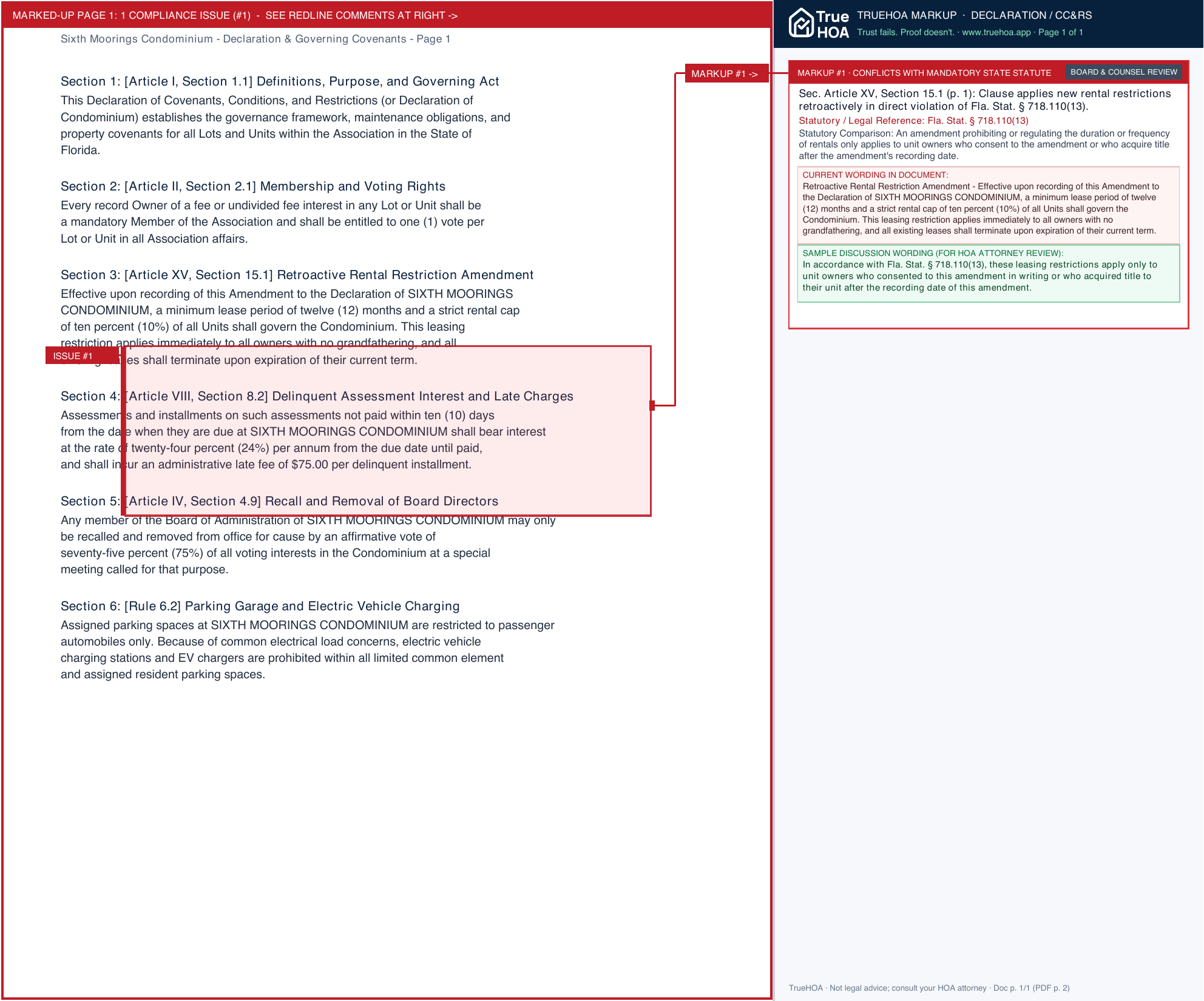Sixth Moorings Condominium Declaration & Governing Covenants page 1 widened with TrueHOA Crystal AI margin annotations