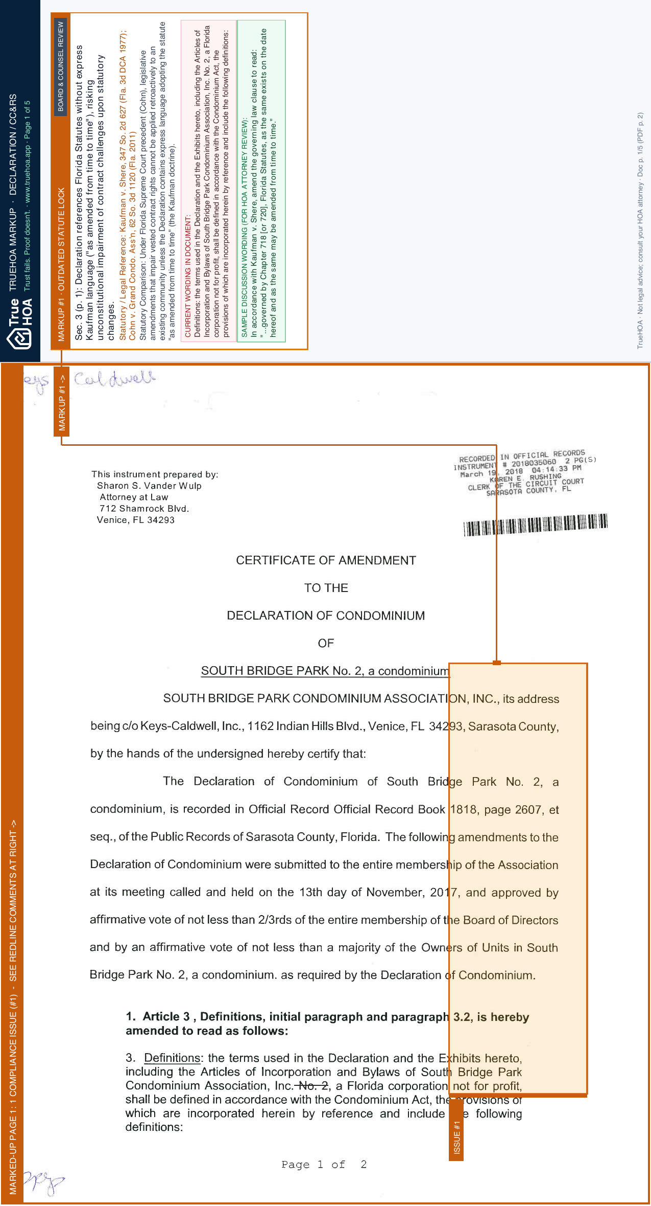 South Bridge Park Condominium Association SBP Doc Declaration Sec 2 Amendment 2017 12 22 page 1 widened with TrueHOA Crystal AI margin annotations
