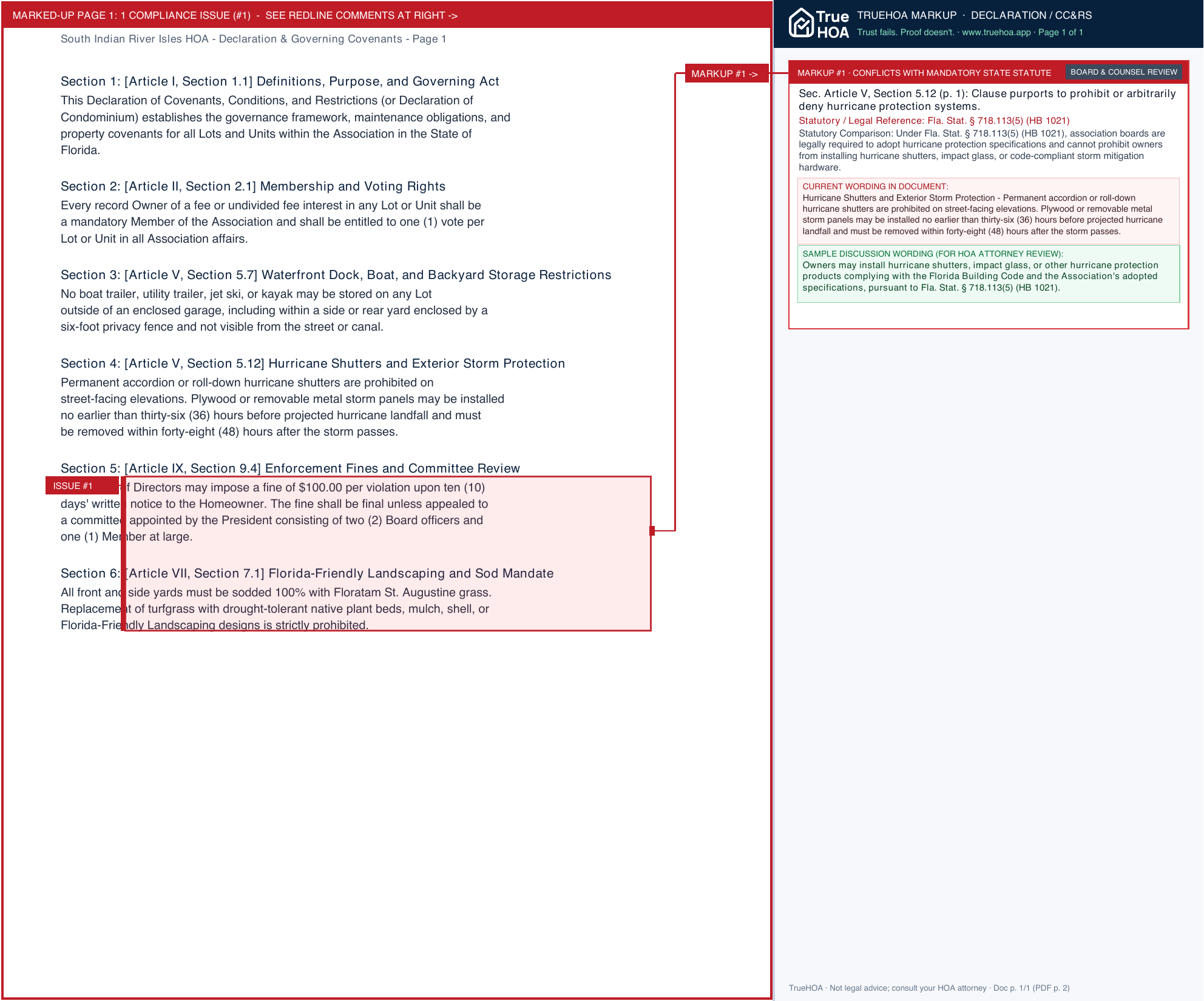 South Indian River Isles HOA Declaration & Governing Covenants page 1 widened with TrueHOA Crystal AI margin annotations