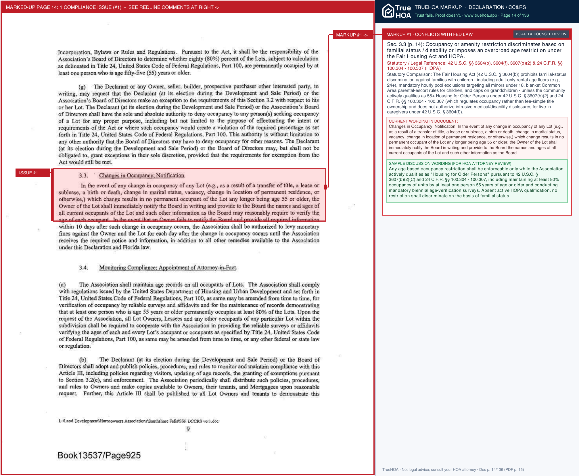 Southshore Falls HOA Declaration of Covenants page 14 widened with TrueHOA Crystal AI margin annotations