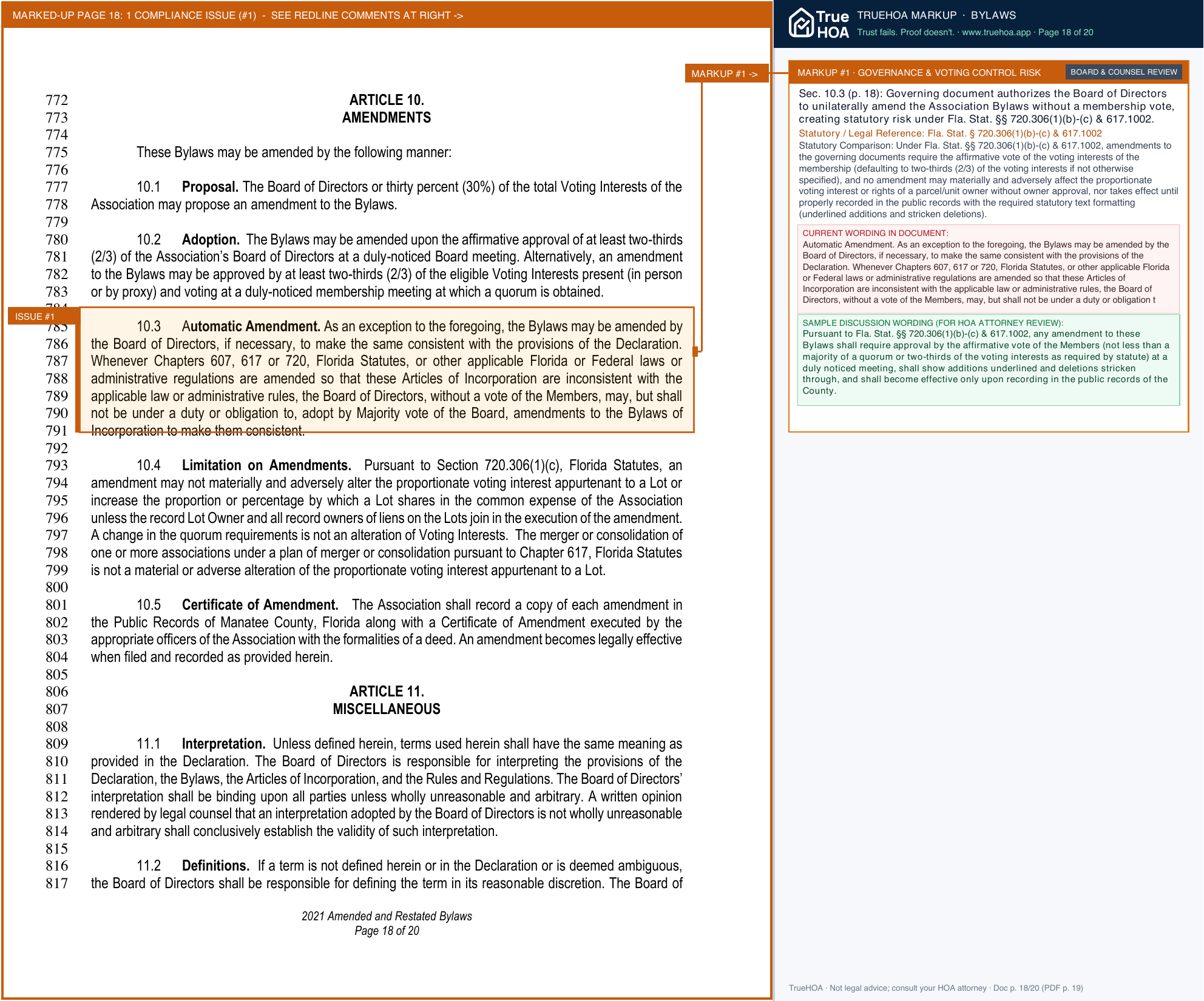Spoonbill Courtyard Homes HOA SBC DOC Bylaws v1 page 18 widened with TrueHOA Crystal AI margin annotations