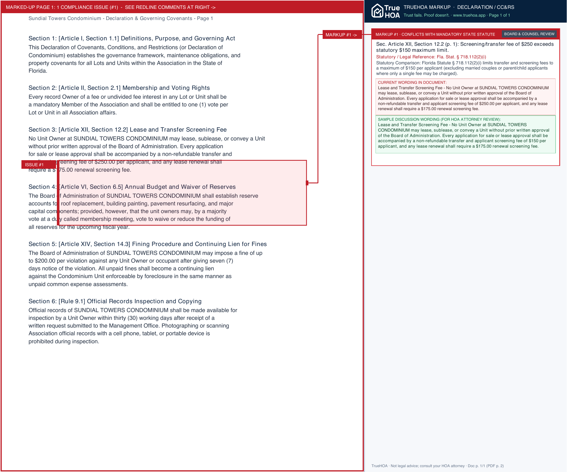 Sundial Towers Condominium Declaration & Governing Covenants page 1 widened with TrueHOA Crystal AI margin annotations