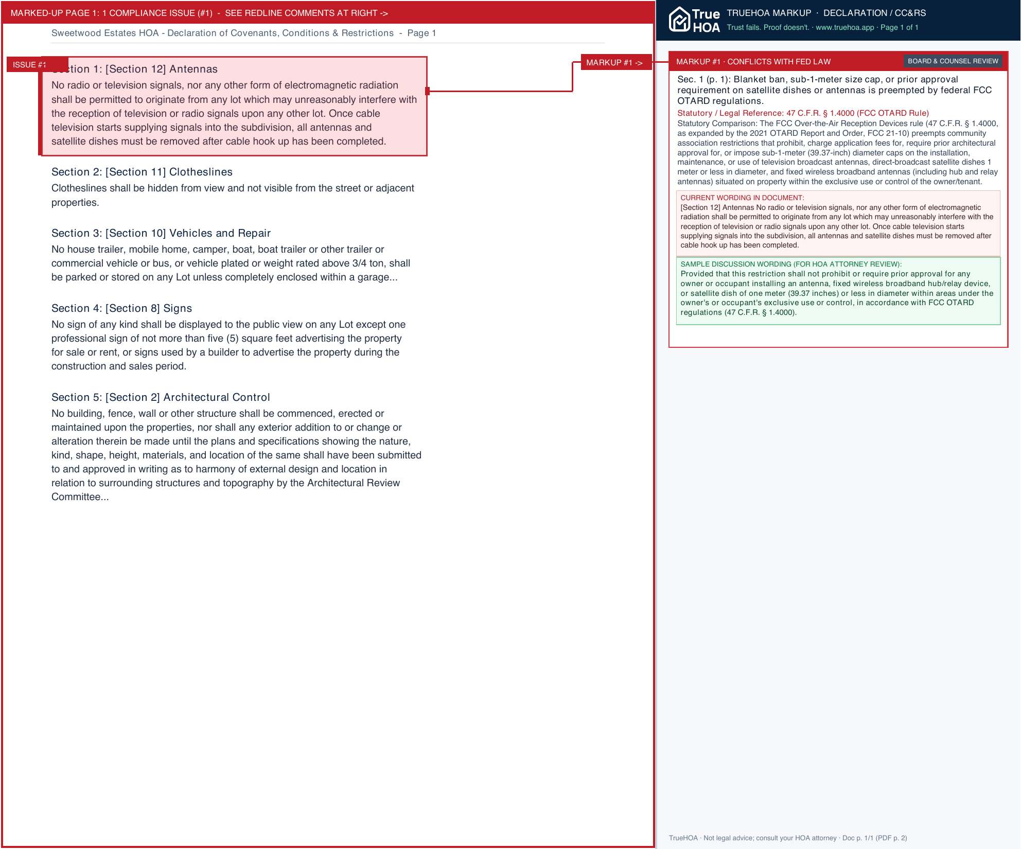Sweetwood Estates HOA Declaration of Covenants, Conditions & Restrictions page 1 widened with TrueHOA Crystal AI margin annotations