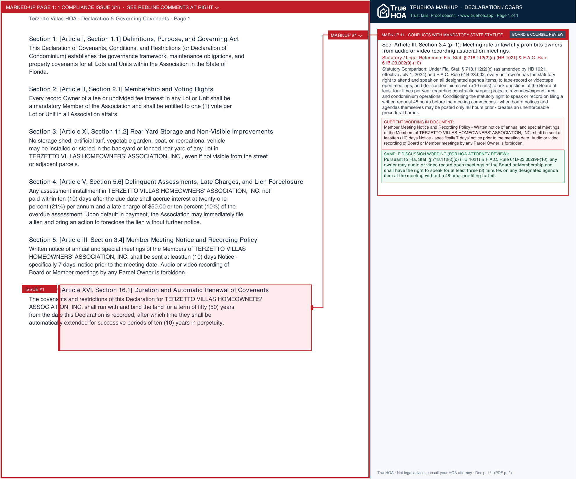 Terzetto Villas HOA Declaration & Governing Covenants page 1 widened with TrueHOA Crystal AI margin annotations