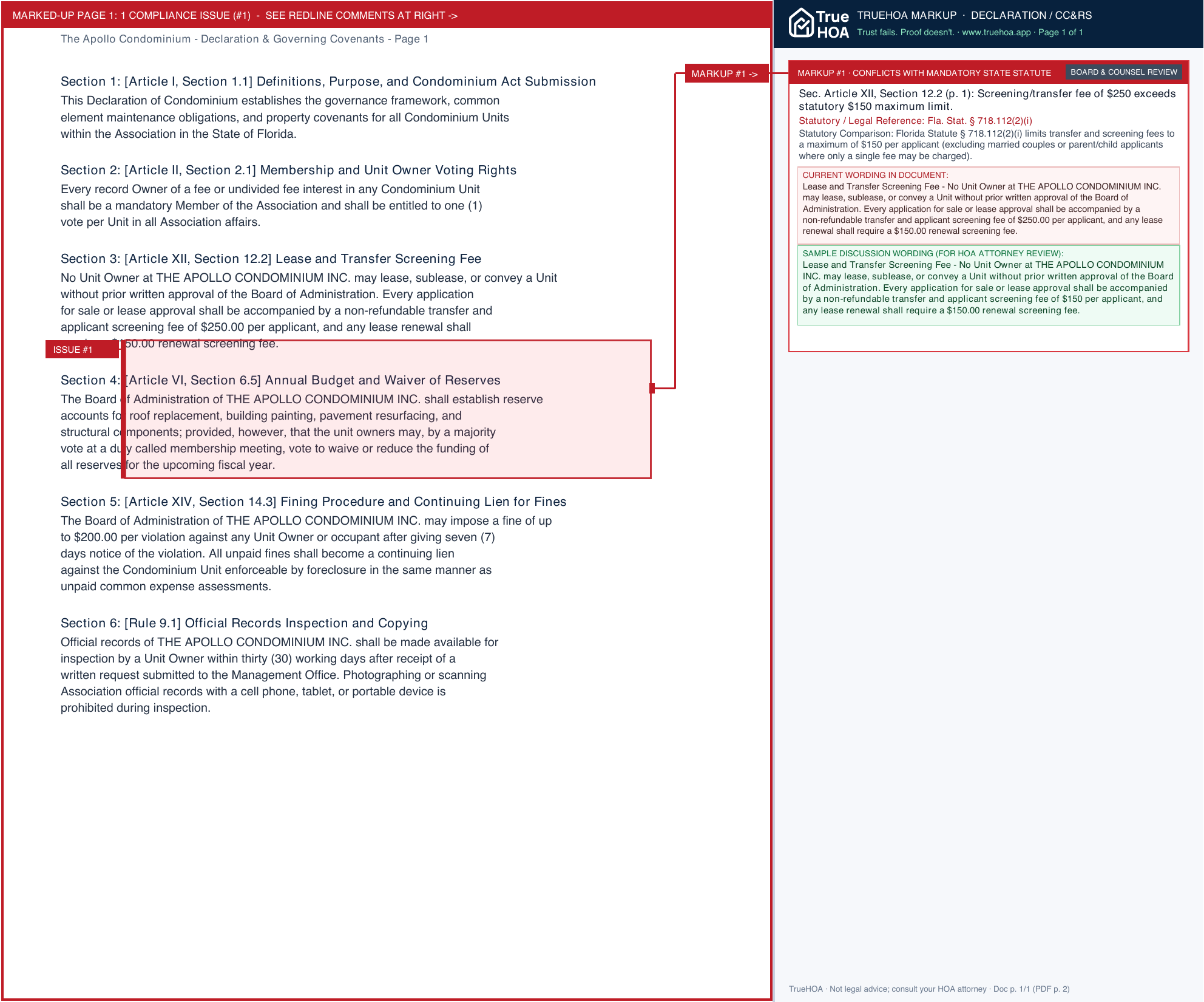 The Apollo Condominium Declaration & Governing Covenants page 1 widened with TrueHOA Crystal AI margin annotations