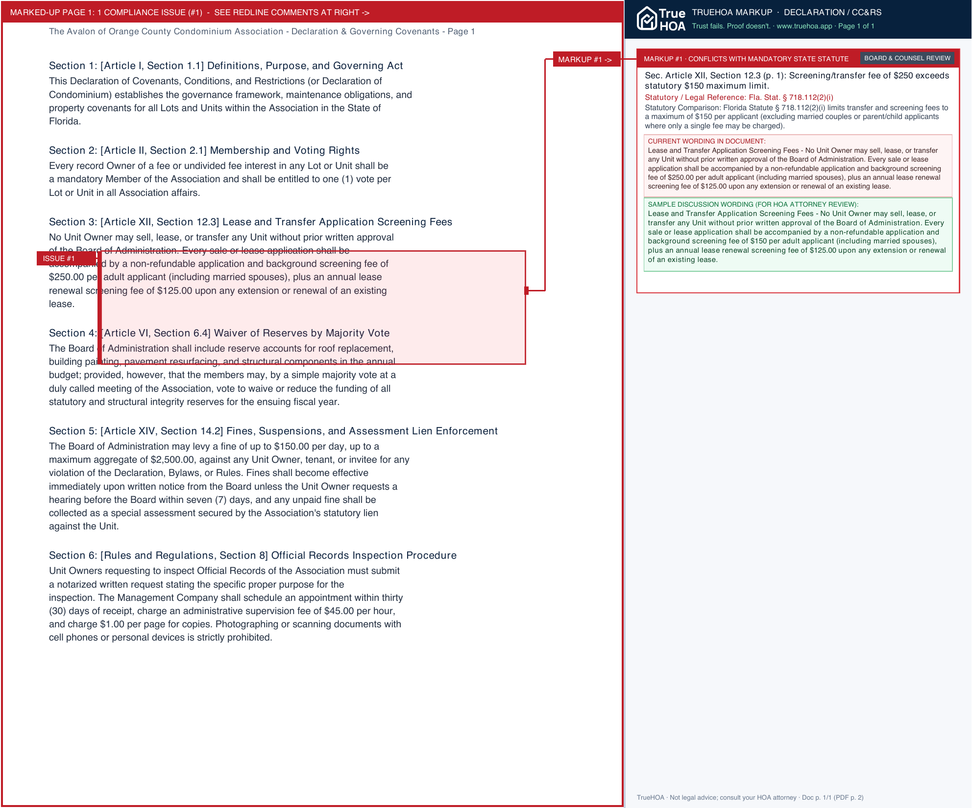 The Avalon of Orange County Condominium Association Declaration & Governing Covenants page 1 widened with TrueHOA Crystal AI margin annotations