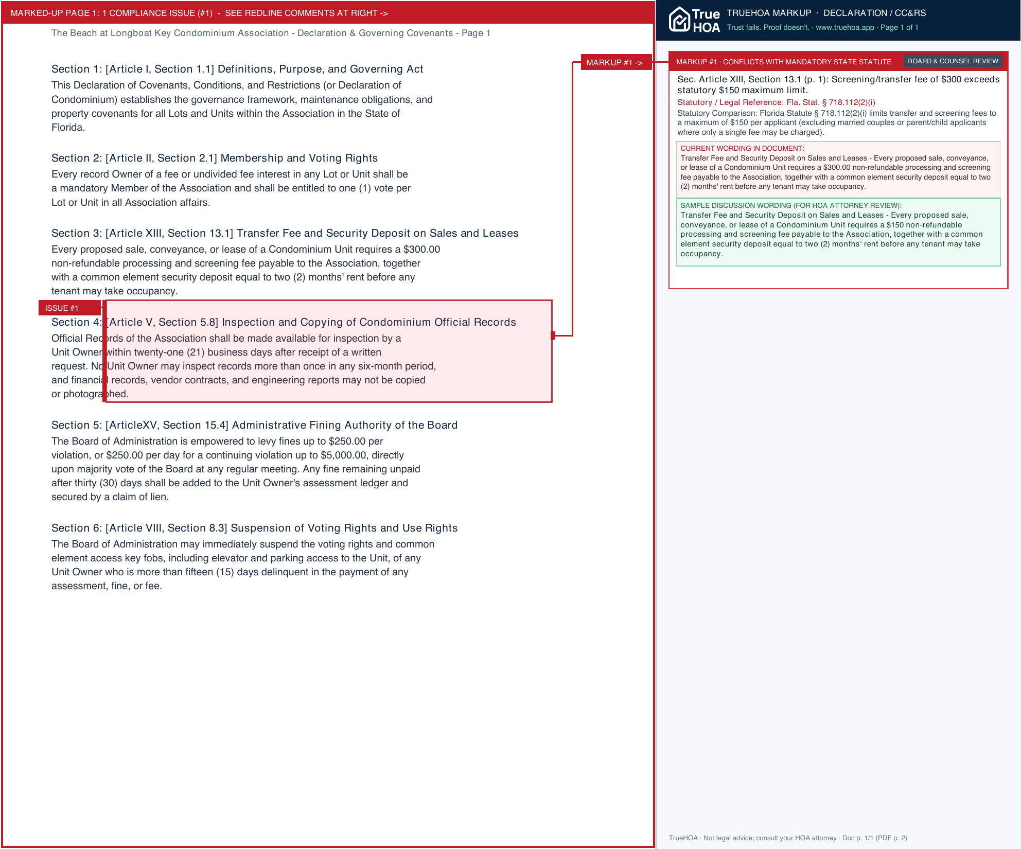 The Beach at Longboat Key Condominium Association Declaration & Governing Covenants page 1 widened with TrueHOA Crystal AI margin annotations