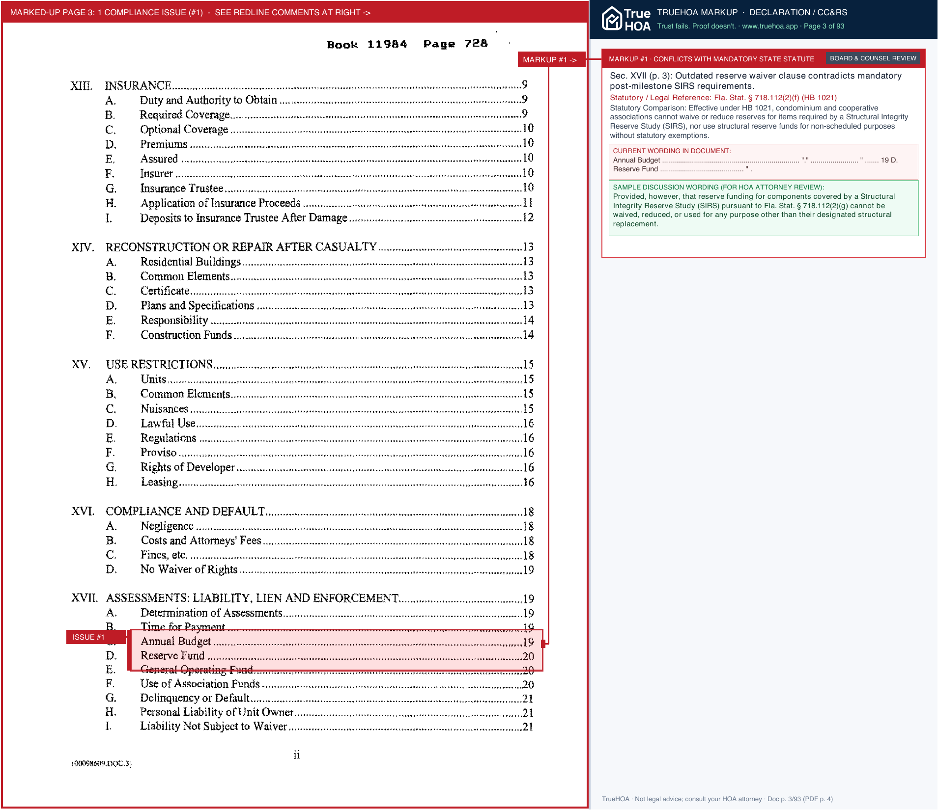 The Carlton at Oak Landing Condominium Association Declaration of Condominium page 3 widened with TrueHOA Crystal AI margin annotations