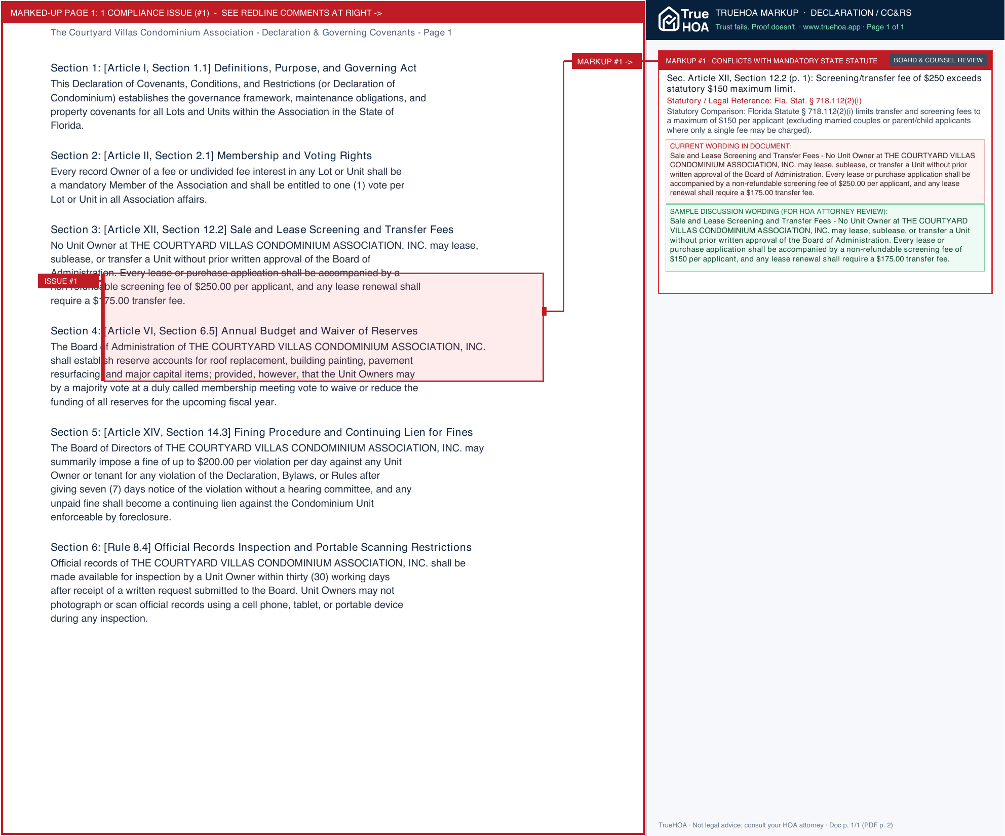 The Courtyard Villas Condominium Association Declaration & Governing Covenants page 1 widened with TrueHOA Crystal AI margin annotations