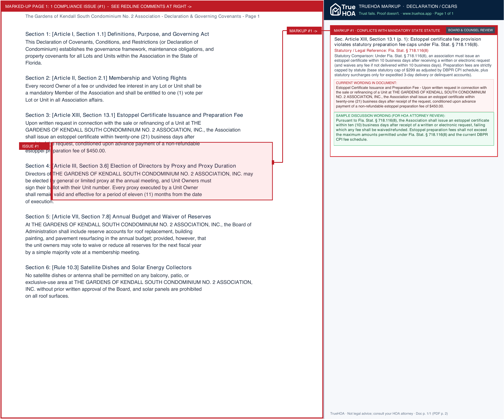 The Gardens of Kendall South Condominium No. 2 Association Declaration & Governing Covenants page 1 widened with TrueHOA Crystal AI margin annotations