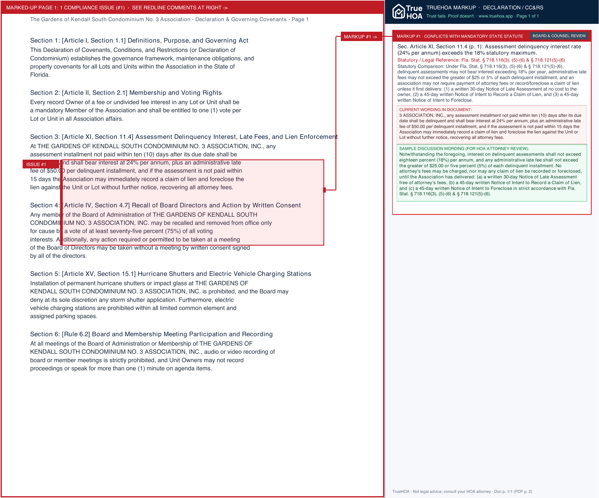 The Gardens of Kendall South Condominium No. 3 Association Declaration & Governing Covenants page 1 widened with TrueHOA Crystal AI margin annotations