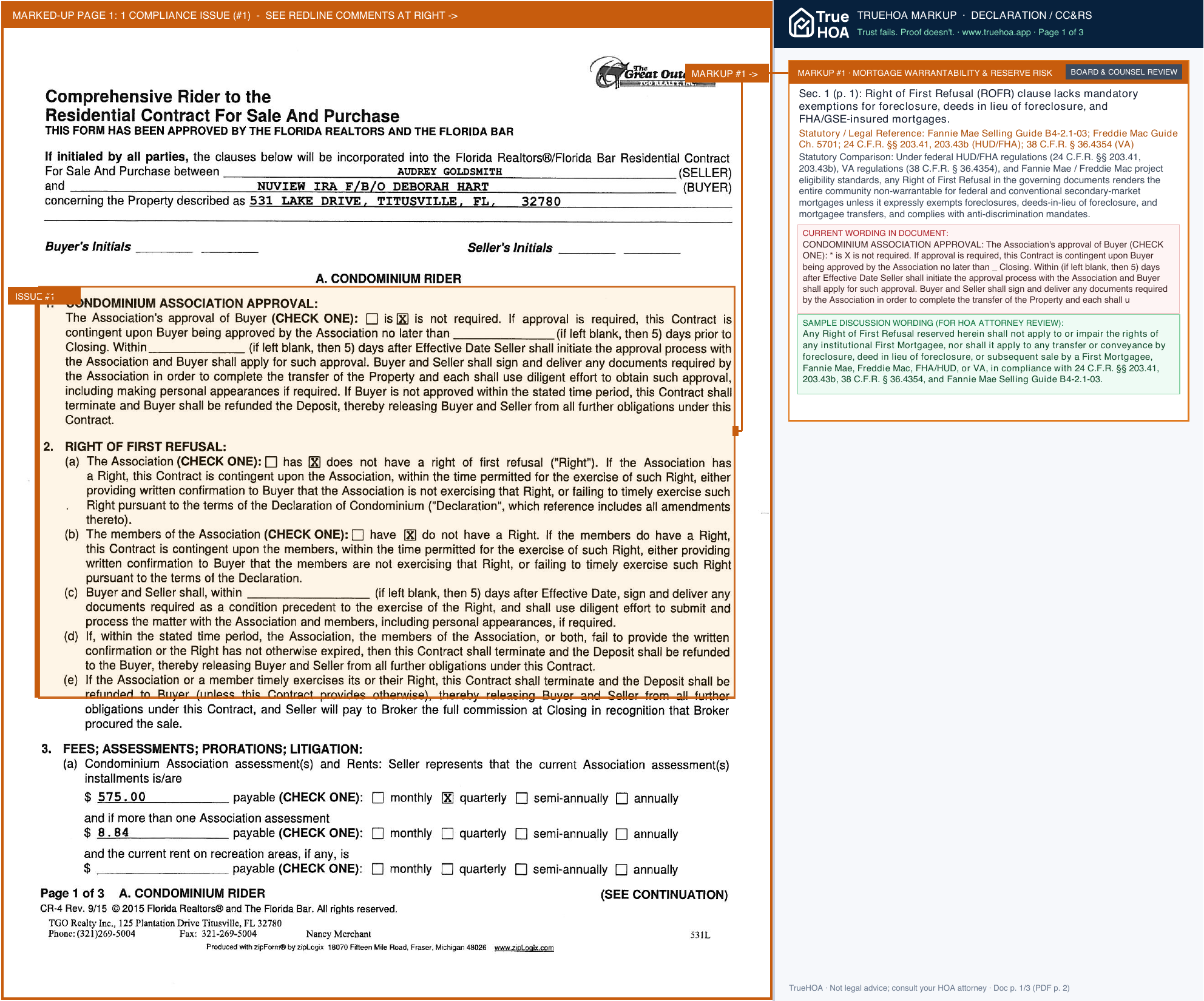 The Great Outdoors Premier R.v./golf Resort Xvi Condominium Association CondoAddendum page 1 widened with TrueHOA Crystal AI margin annotations