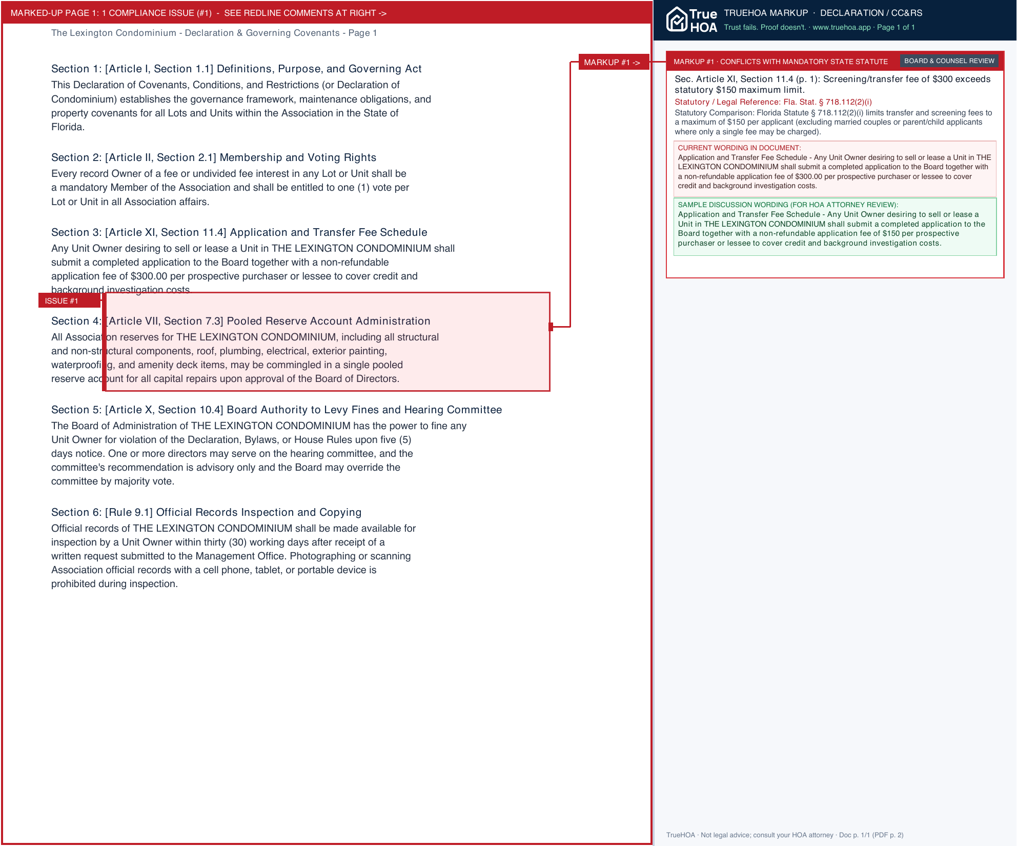 The Lexington Condominium Declaration & Governing Covenants page 1 widened with TrueHOA Crystal AI margin annotations