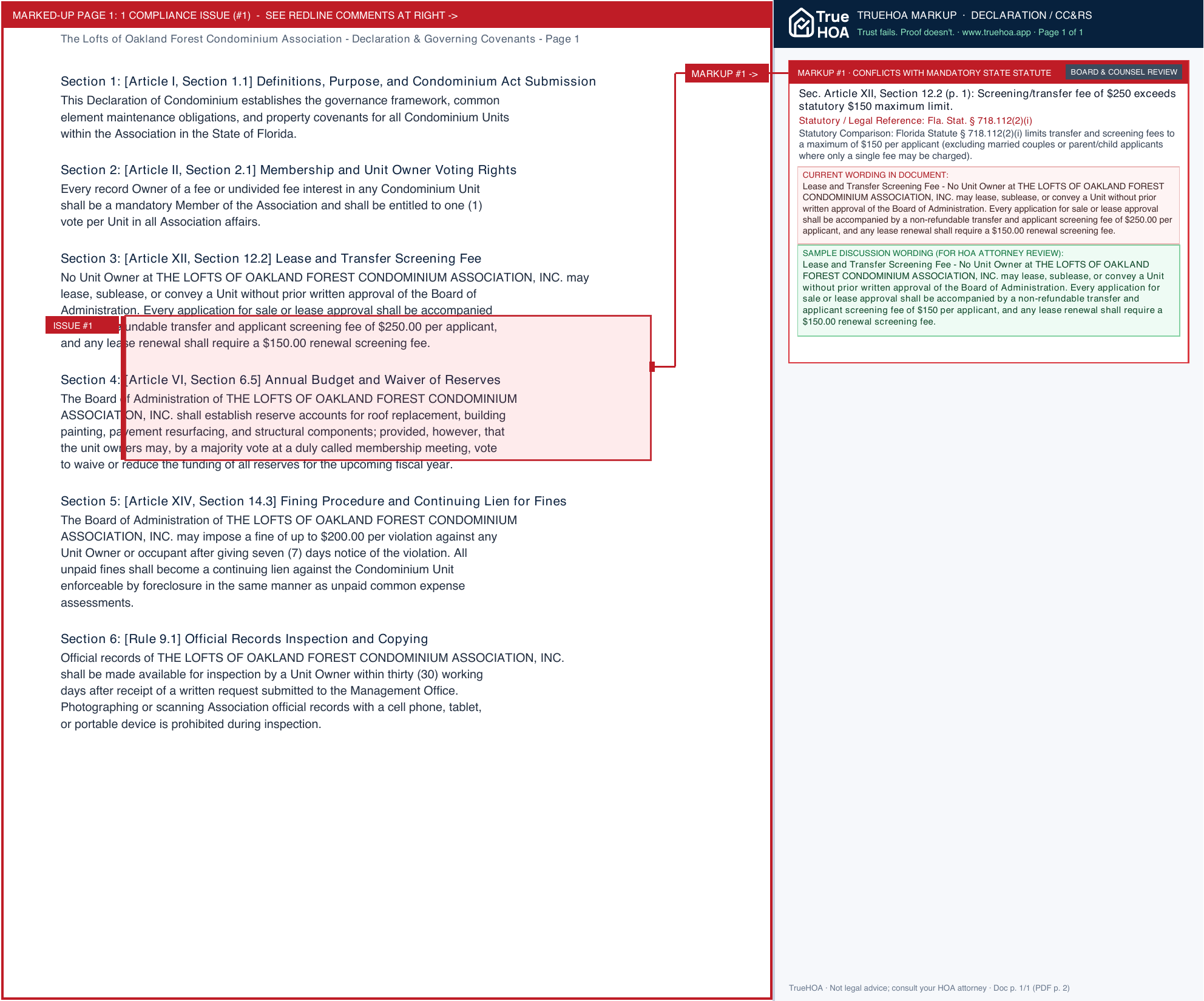 The Lofts of Oakland Forest Condominium Association Declaration & Governing Covenants page 1 widened with TrueHOA Crystal AI margin annotations
