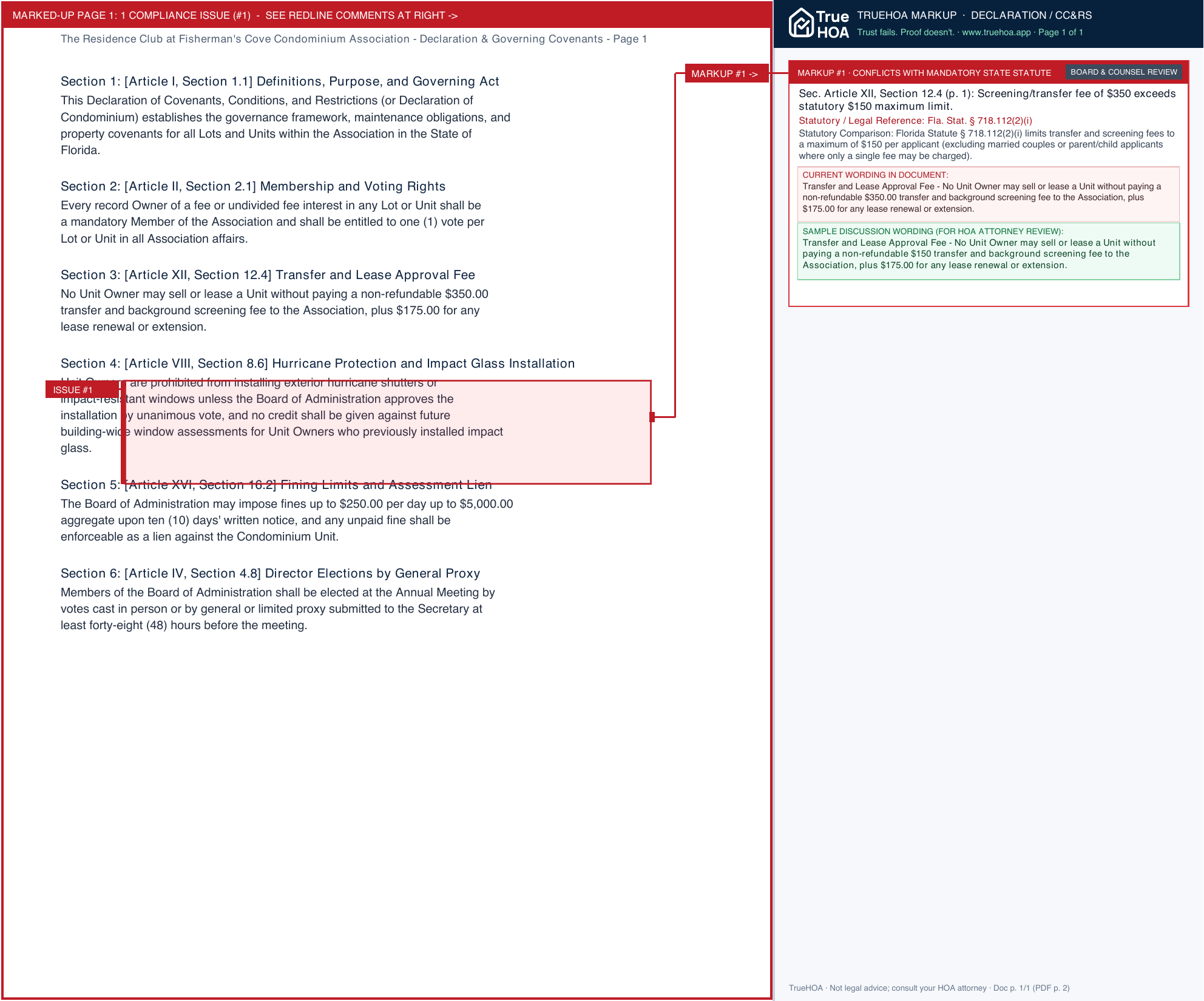 The Residence Club at Fisherman's Cove Condominium Association Declaration & Governing Covenants page 1 widened with TrueHOA Crystal AI margin annotations