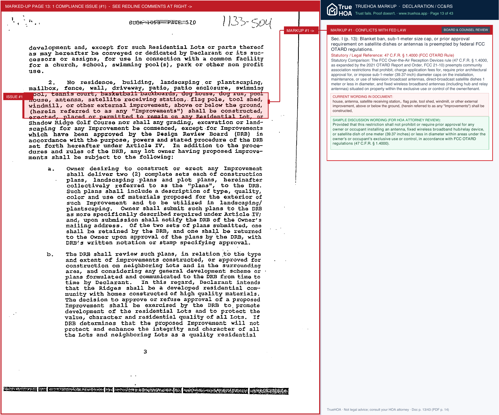 The Ridges HOA Declaration of Covenants page 13 widened with TrueHOA Crystal AI margin annotations
