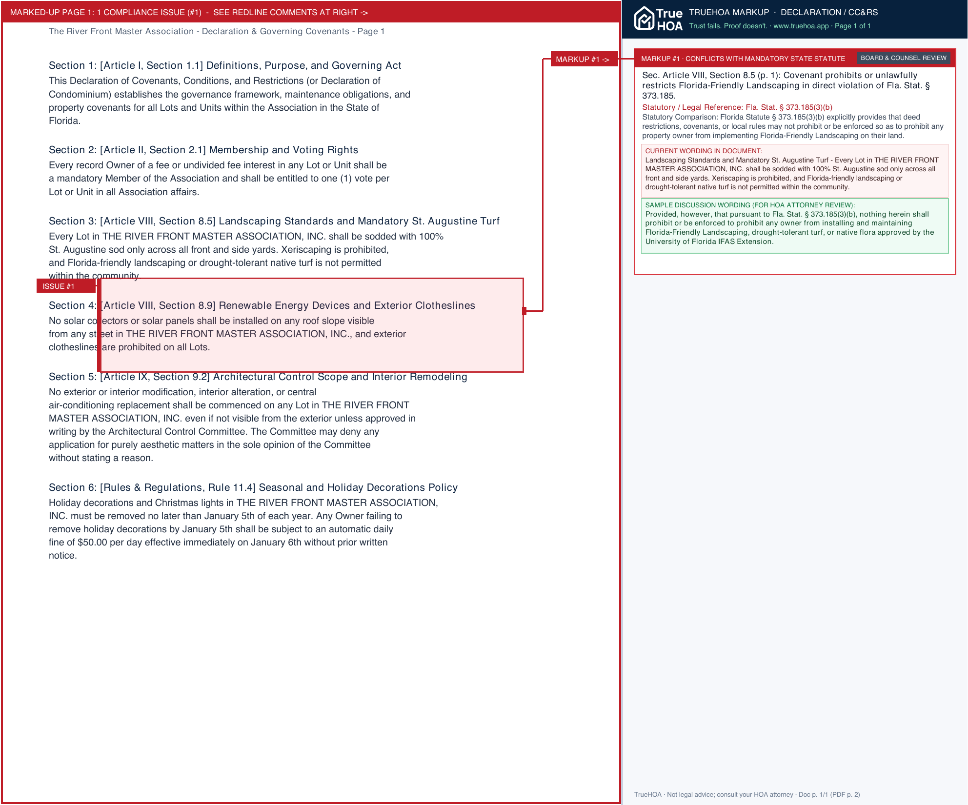 The River Front Master Association Declaration & Governing Covenants page 1 widened with TrueHOA Crystal AI margin annotations