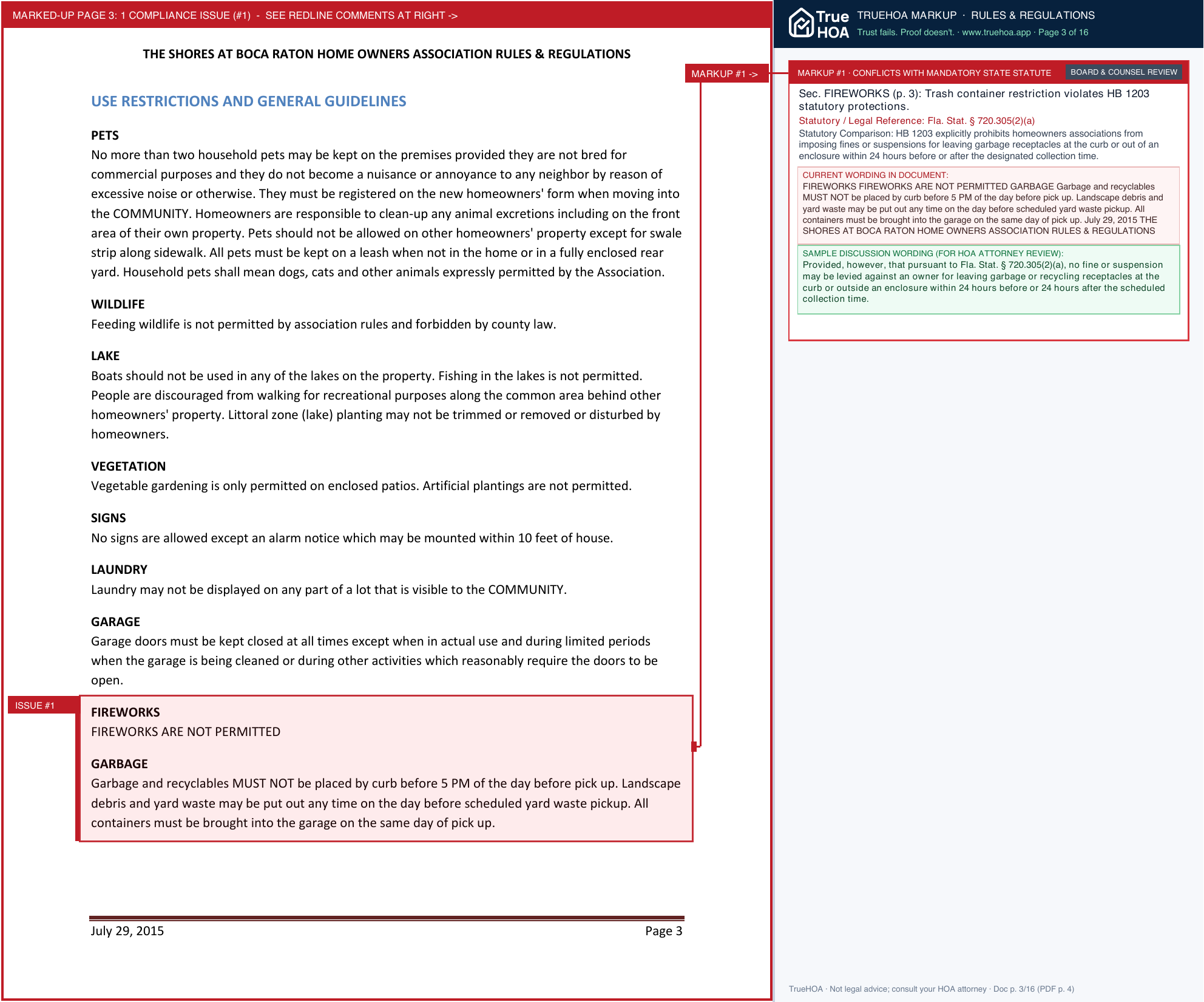 The Shores at Boca Raton HOA Community Rules and Regulations page 3 widened with TrueHOA Crystal AI margin annotations