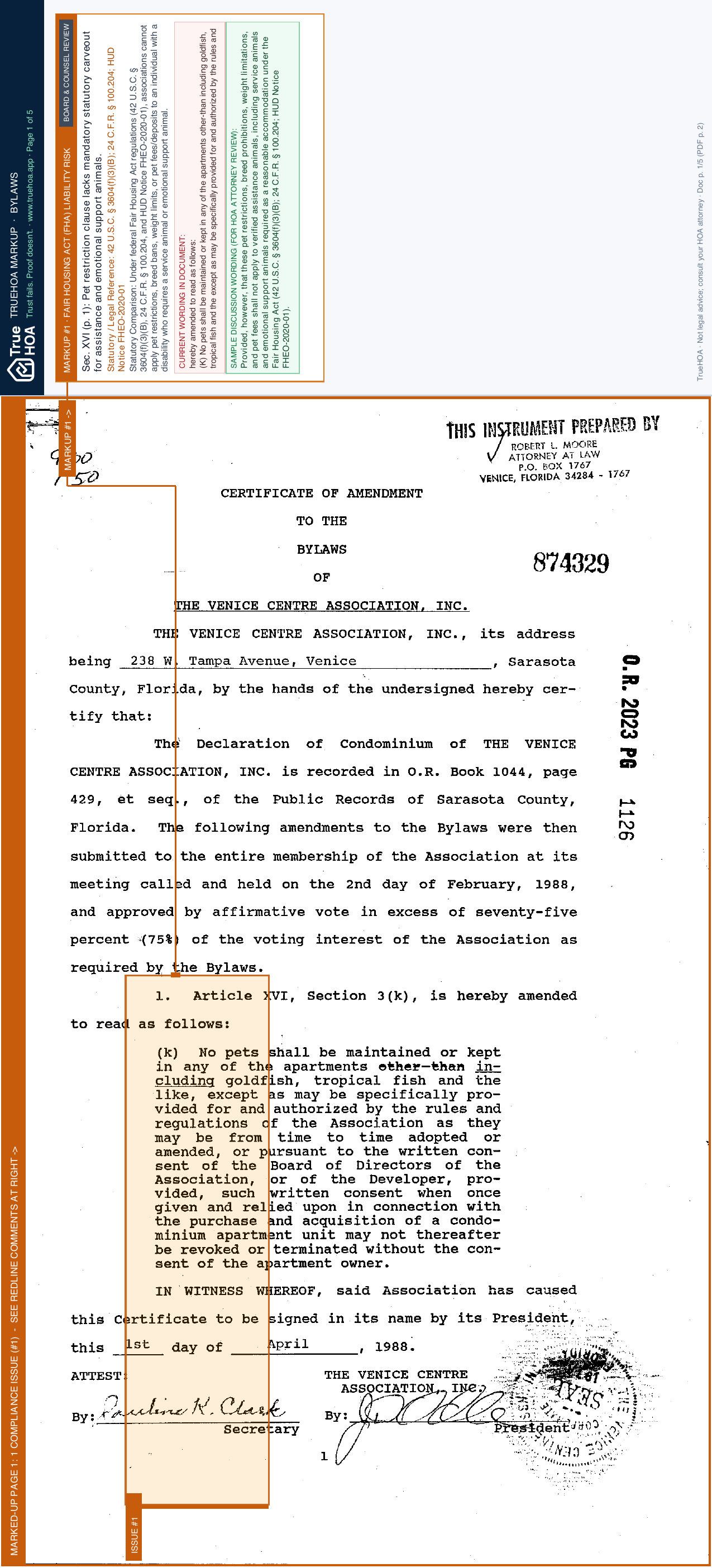 The Venice Centre Association VCA By Laws Amendment 1 04242017195455 page 1 widened with TrueHOA Crystal AI margin annotations