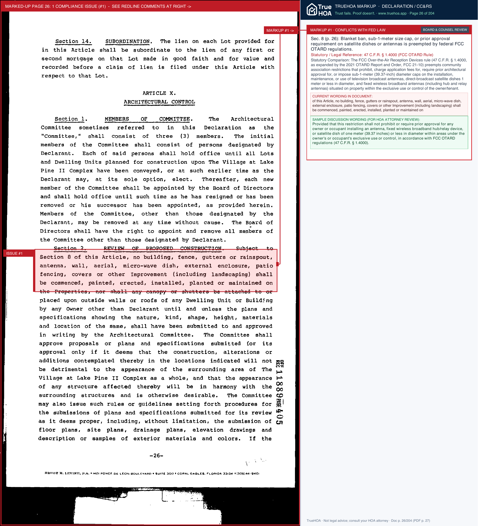 The Village at Lake Pine II HOA Declaration of Covenants page 26 widened with TrueHOA Crystal AI margin annotations