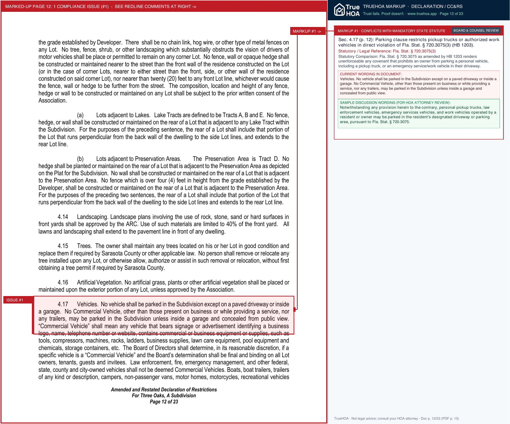 Three Oaks HOA Amended and Restated Declaration of Restrictions (Approved November 2024) page 12 widened with TrueHOA Crystal AI margin annotations