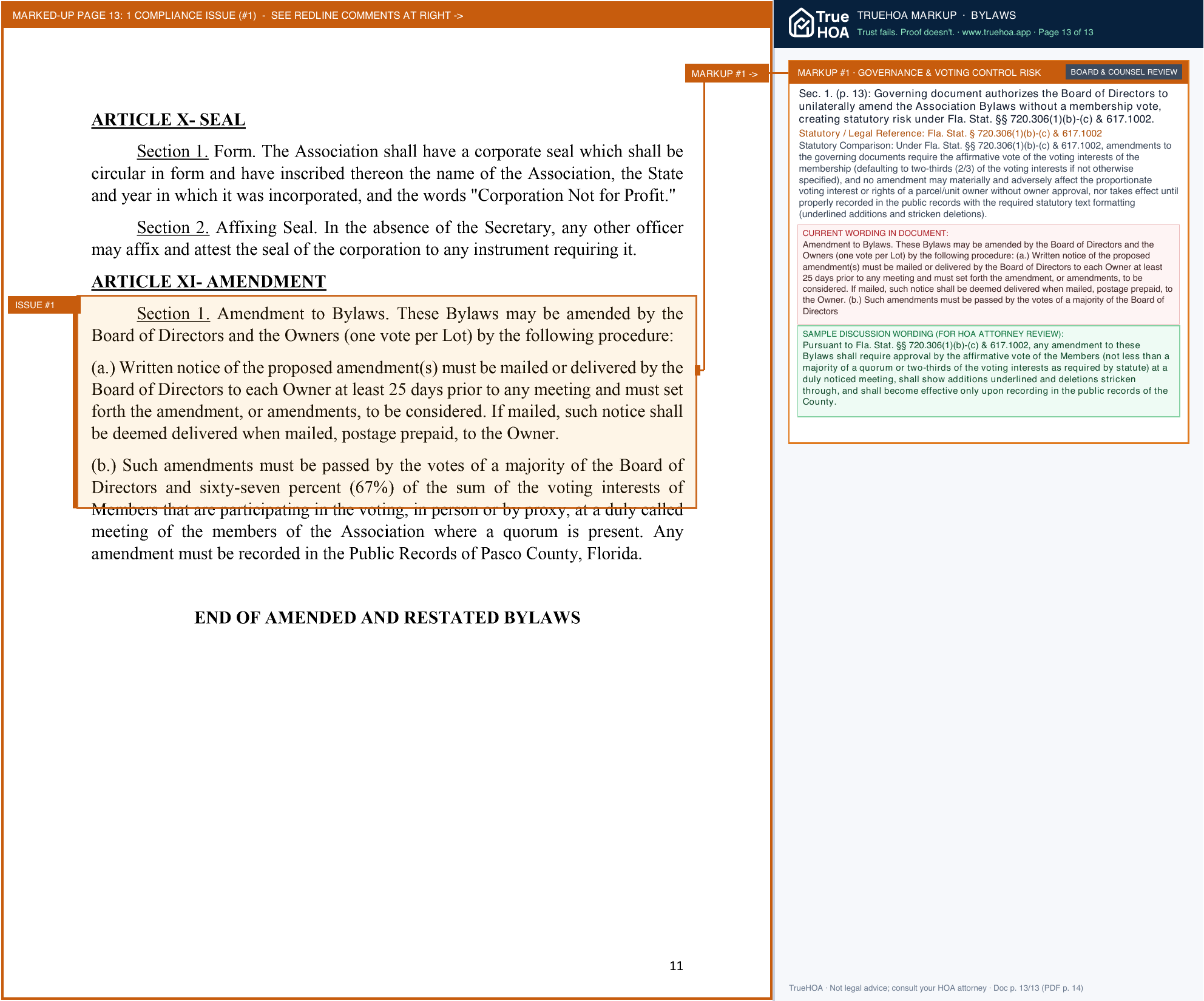 Timber Oaks Community Association Association Bylaws page 13 widened with TrueHOA Crystal AI margin annotations