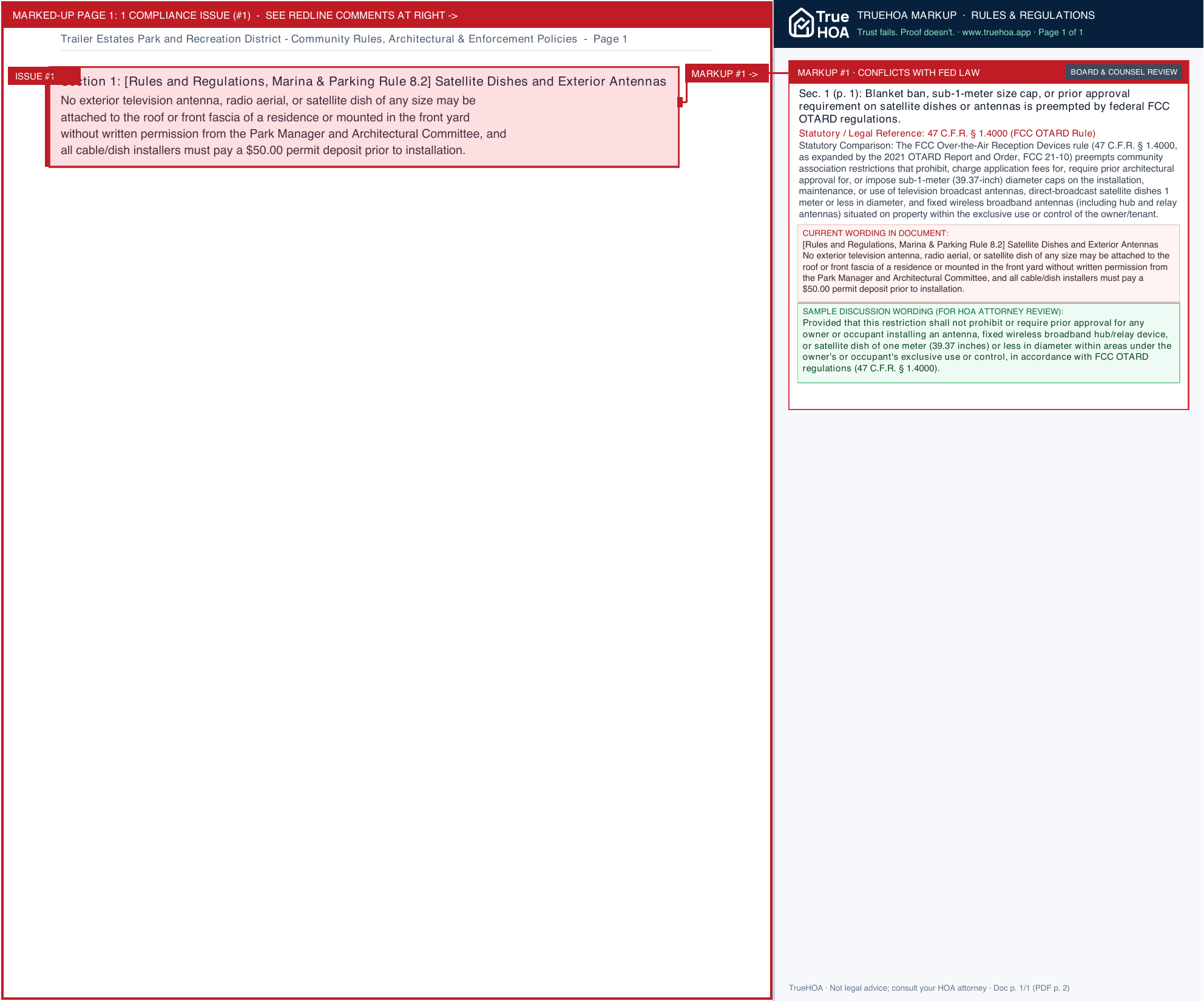 Trailer Estates Park and Recreation District Community Rules, Architectural & Enforcement Policies page 1 widened with TrueHOA Crystal AI margin annotations