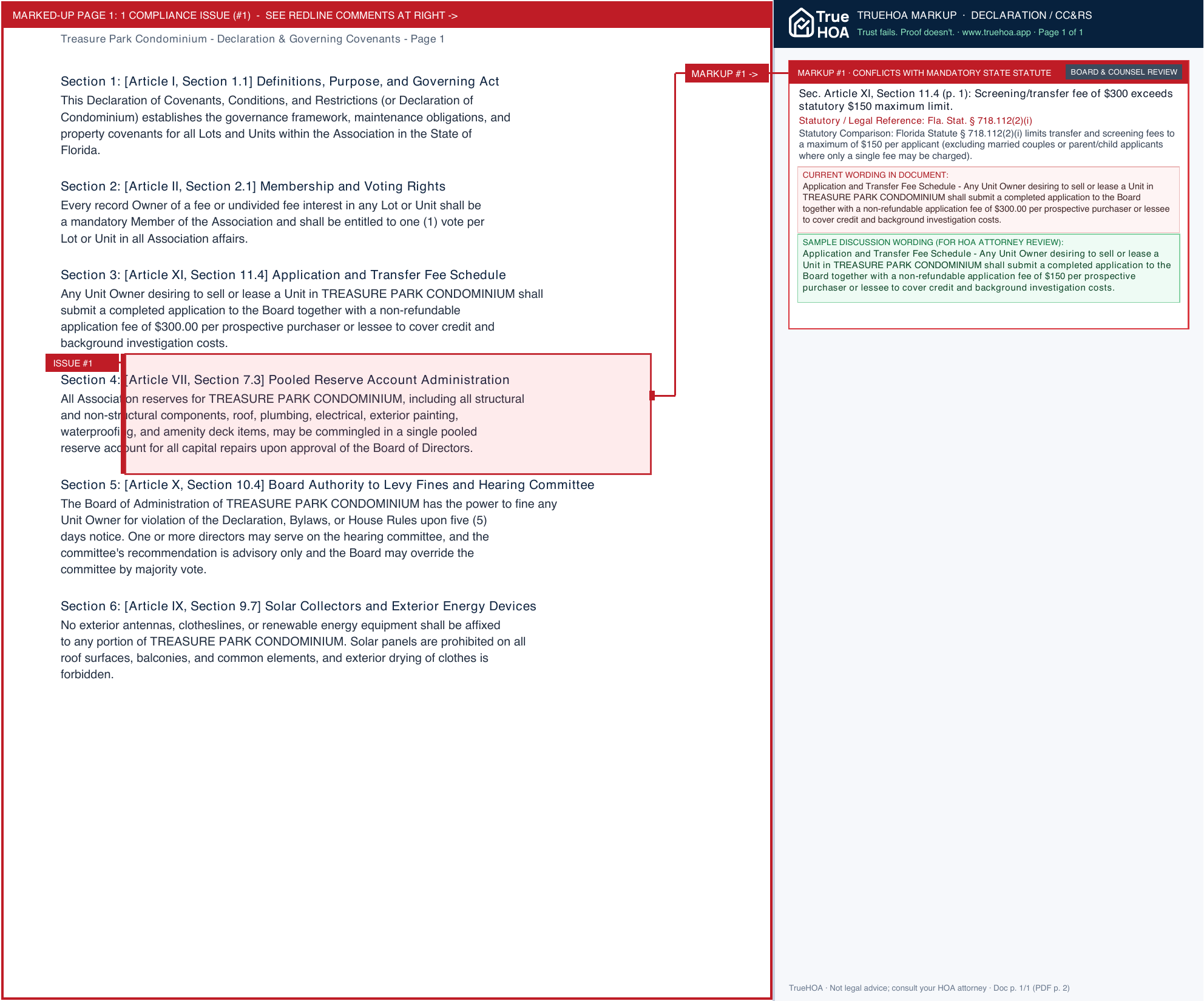Treasure Park Condominium Declaration & Governing Covenants page 1 widened with TrueHOA Crystal AI margin annotations
