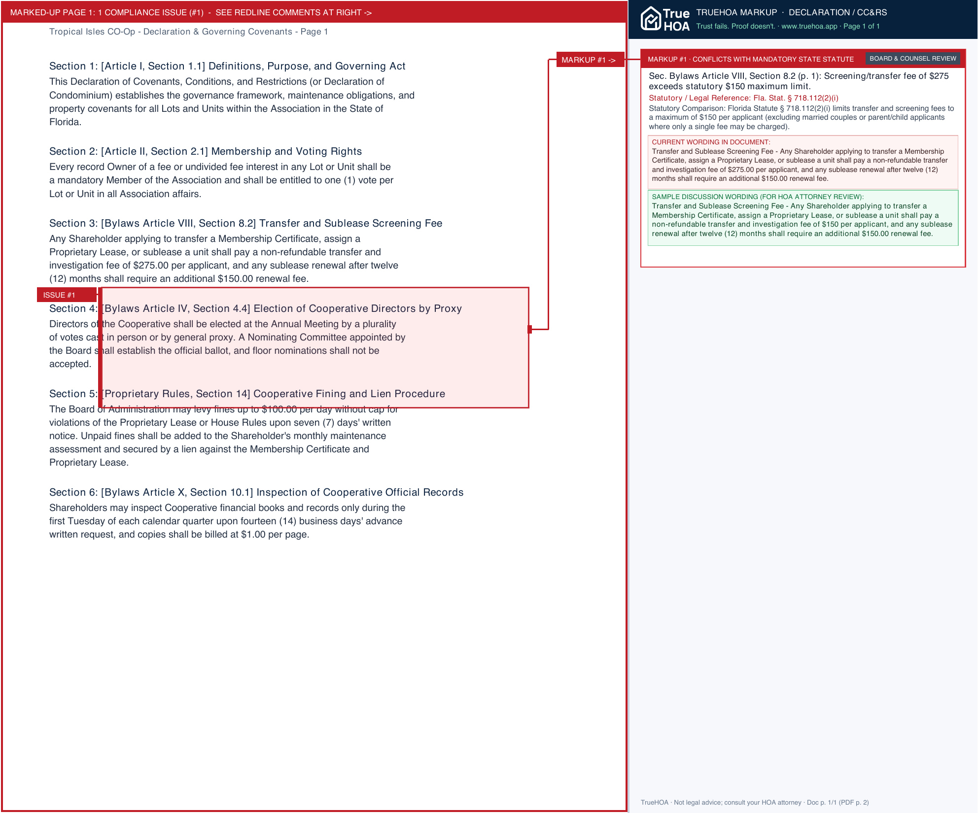 Tropical Isles CO-Op Declaration & Governing Covenants page 1 widened with TrueHOA Crystal AI margin annotations