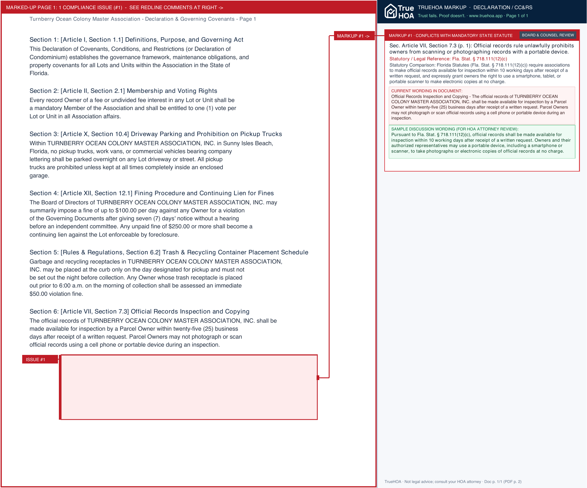 Turnberry Ocean Colony Master Association Declaration & Governing Covenants page 1 widened with TrueHOA Crystal AI margin annotations