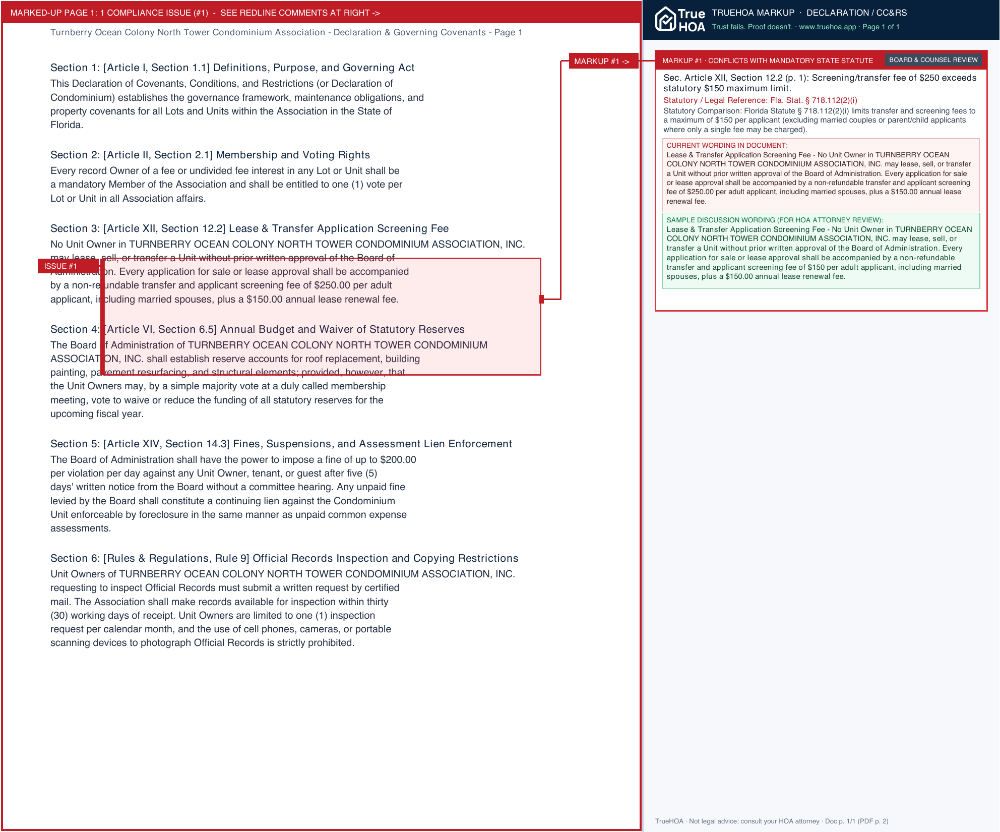 Turnberry Ocean Colony North Tower Condominium Association Declaration & Governing Covenants page 1 widened with TrueHOA Crystal AI margin annotations