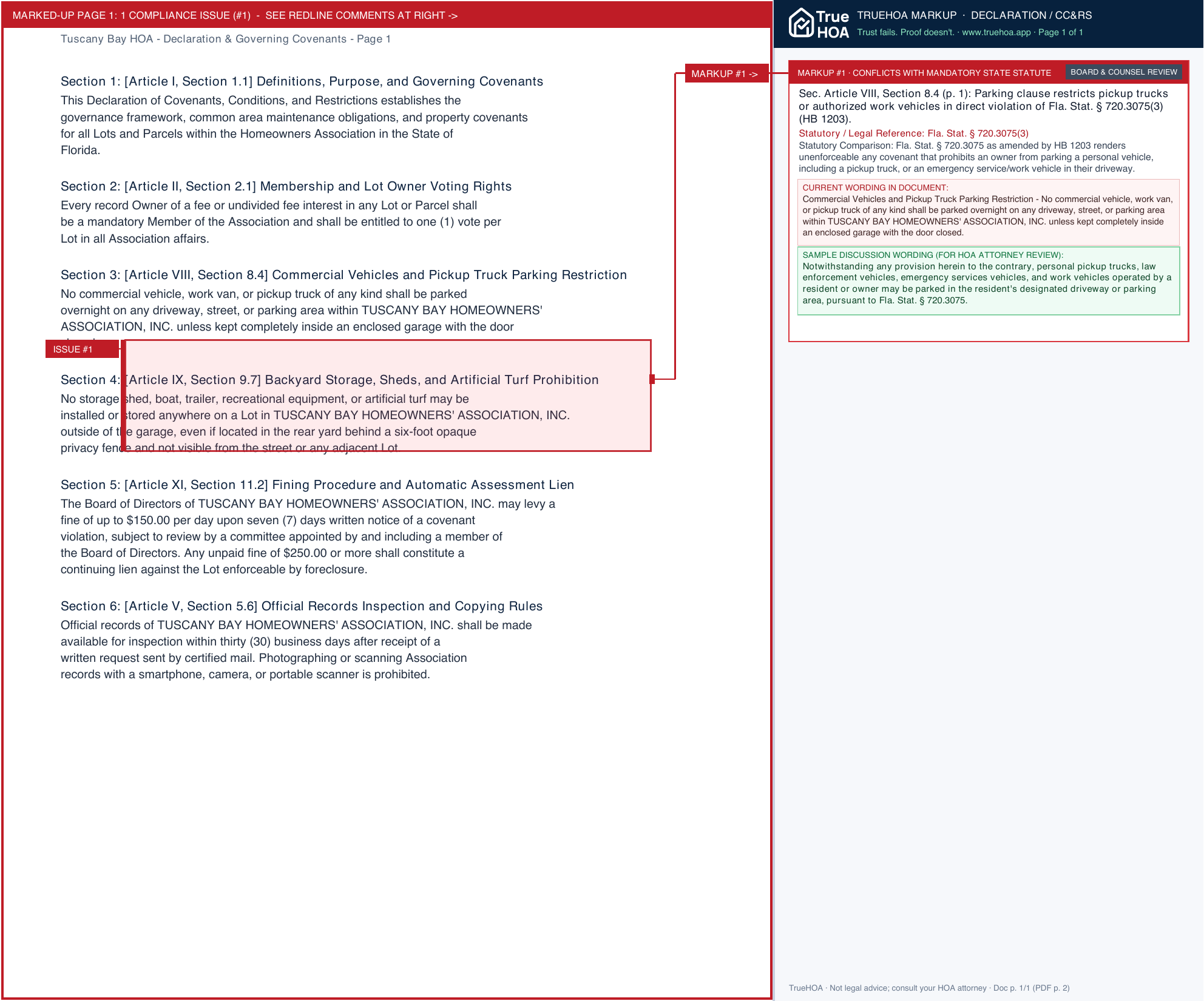 Tuscany Bay HOA Declaration & Governing Covenants page 1 widened with TrueHOA Crystal AI margin annotations