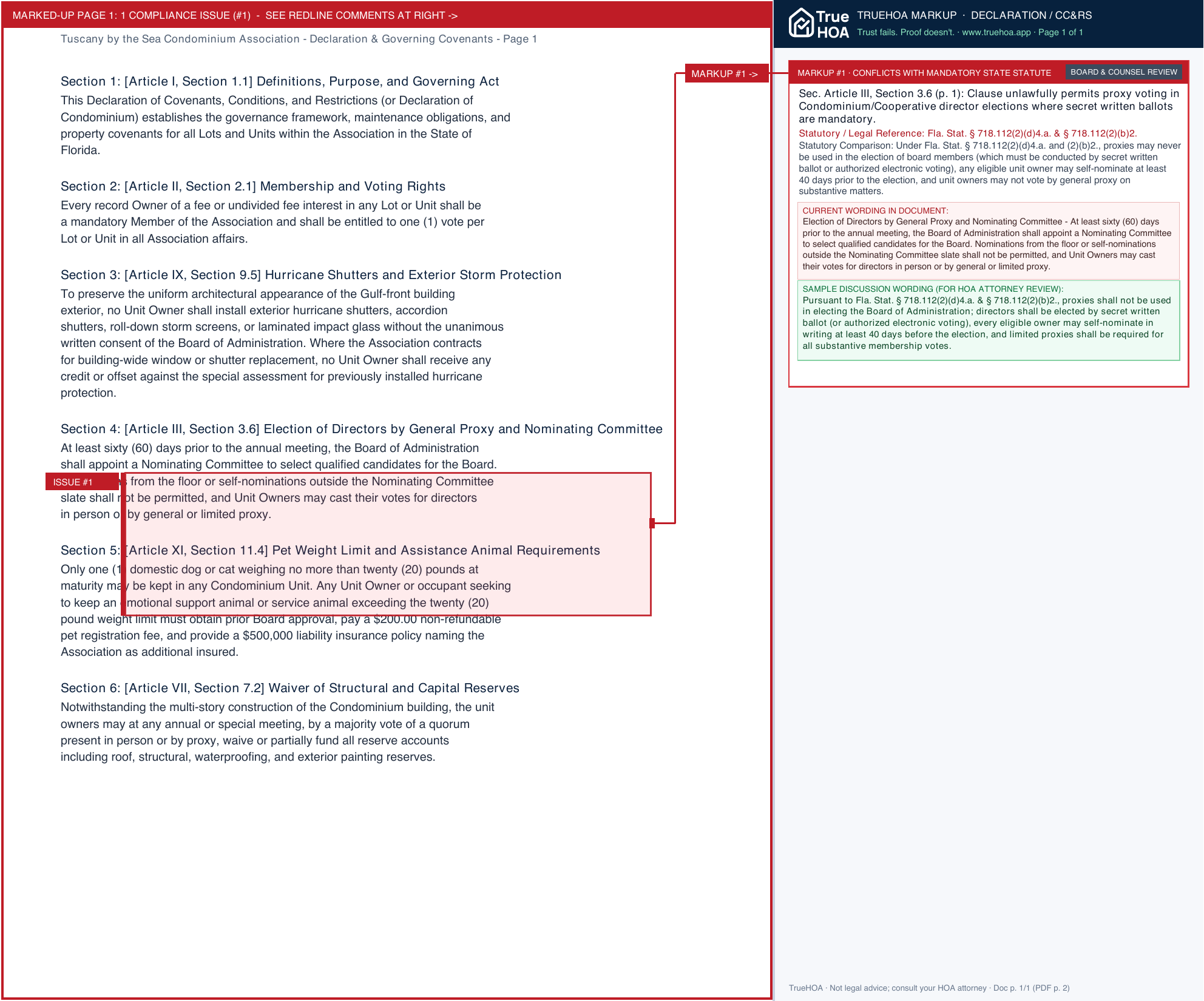 Tuscany by the Sea Condominium Association Declaration & Governing Covenants page 1 widened with TrueHOA Crystal AI margin annotations