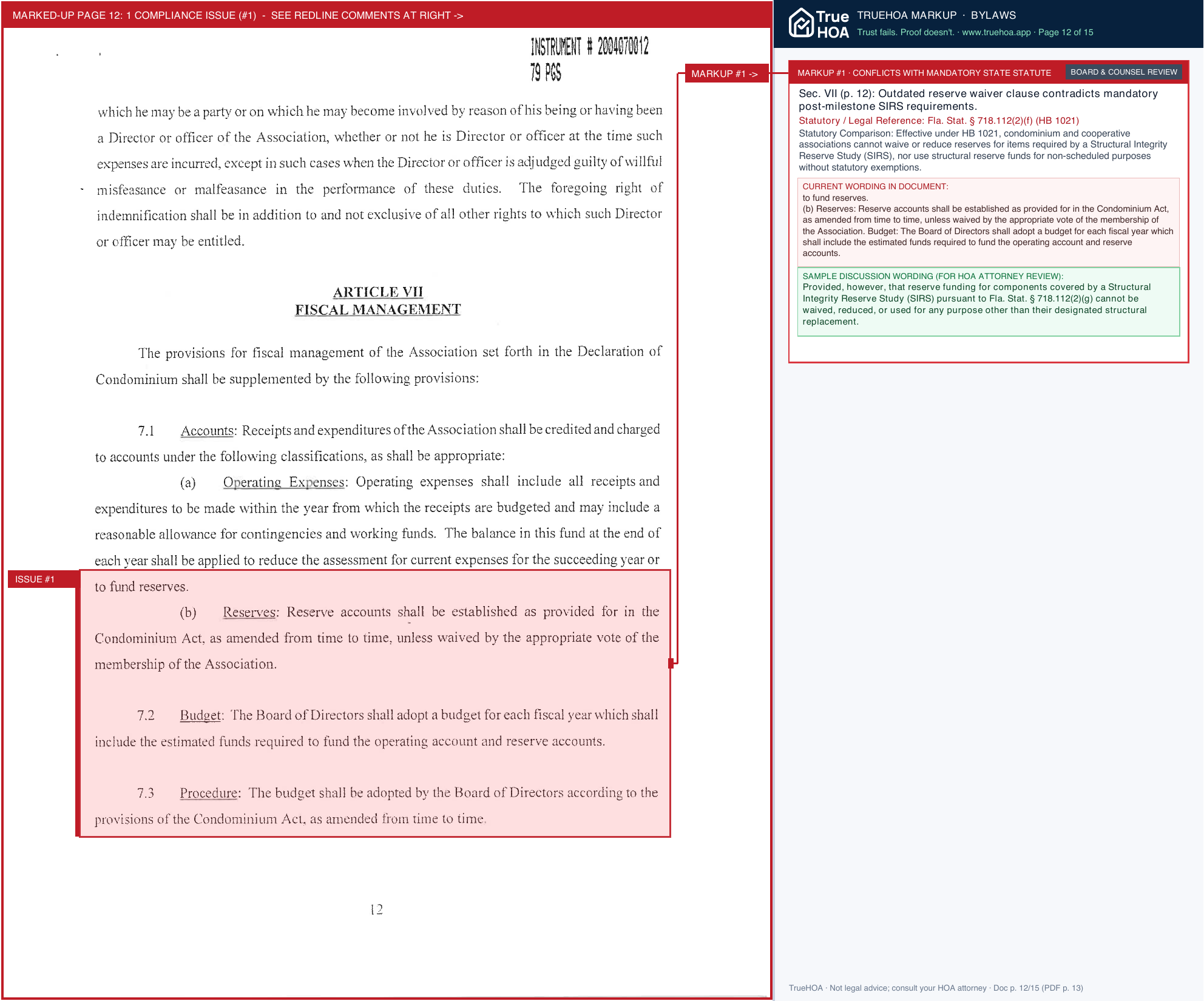 Tuscany Lake Condominium Association TL Doc Bylaws 2004070012 page 12 widened with TrueHOA Crystal AI margin annotations