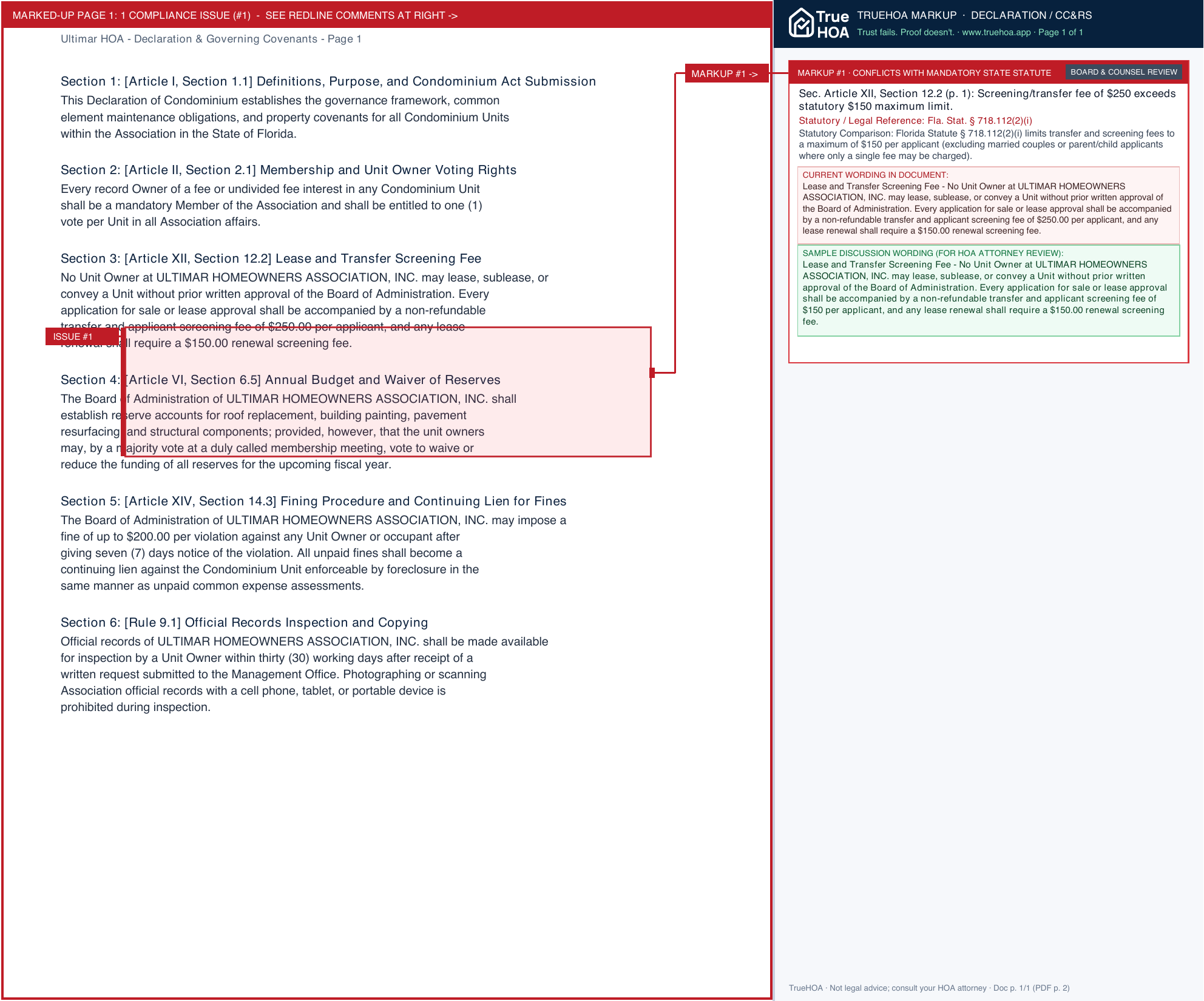 Ultimar HOA Declaration & Governing Covenants page 1 widened with TrueHOA Crystal AI margin annotations