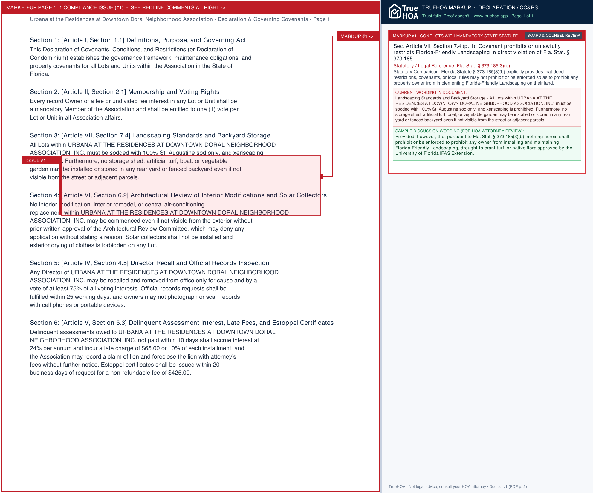 Urbana at the Residences at Downtown Doral Neighborhood Association Declaration & Governing Covenants page 1 widened with TrueHOA Crystal AI margin annotations
