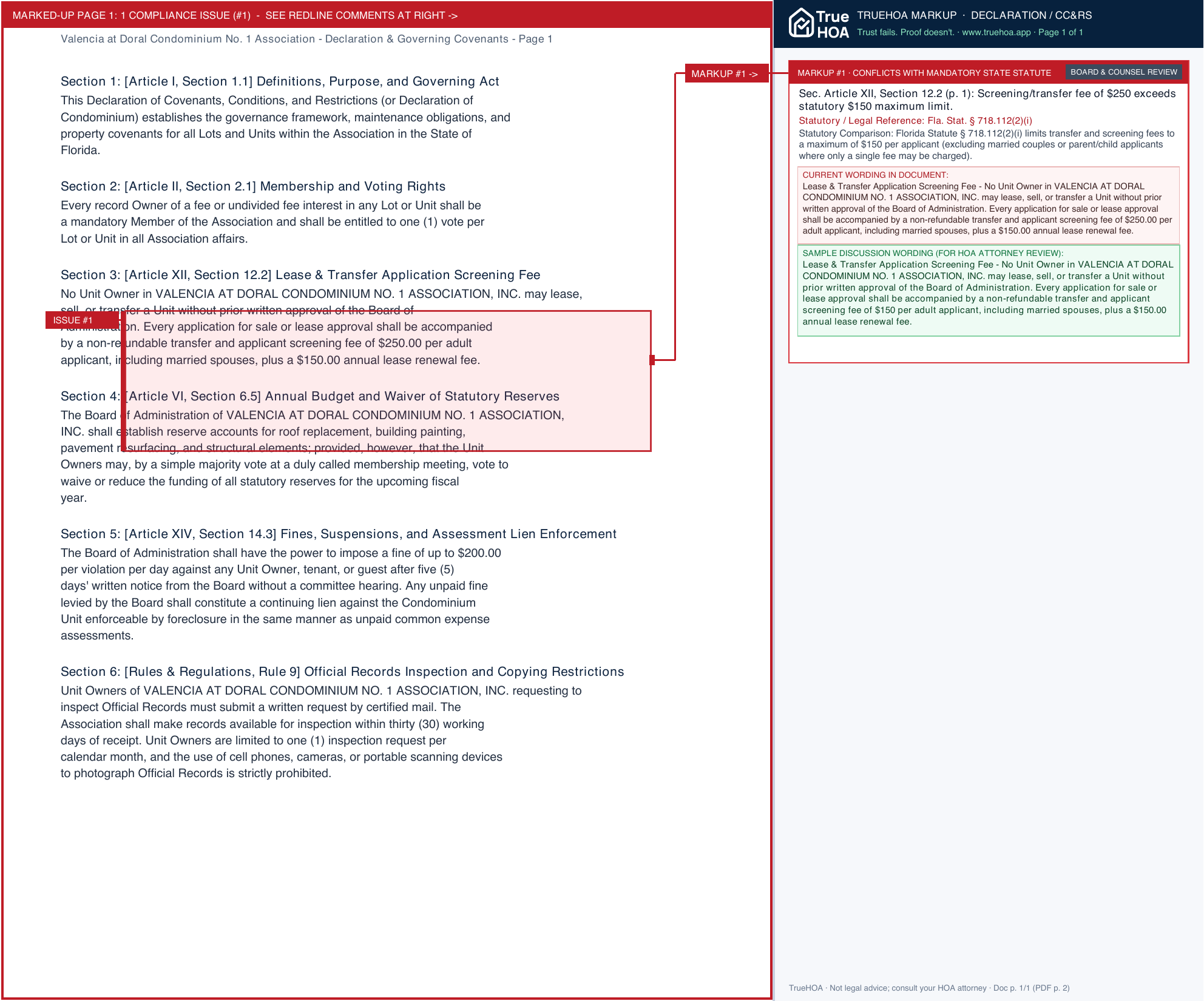 Valencia at Doral Condominium No. 1 Association Declaration & Governing Covenants page 1 widened with TrueHOA Crystal AI margin annotations