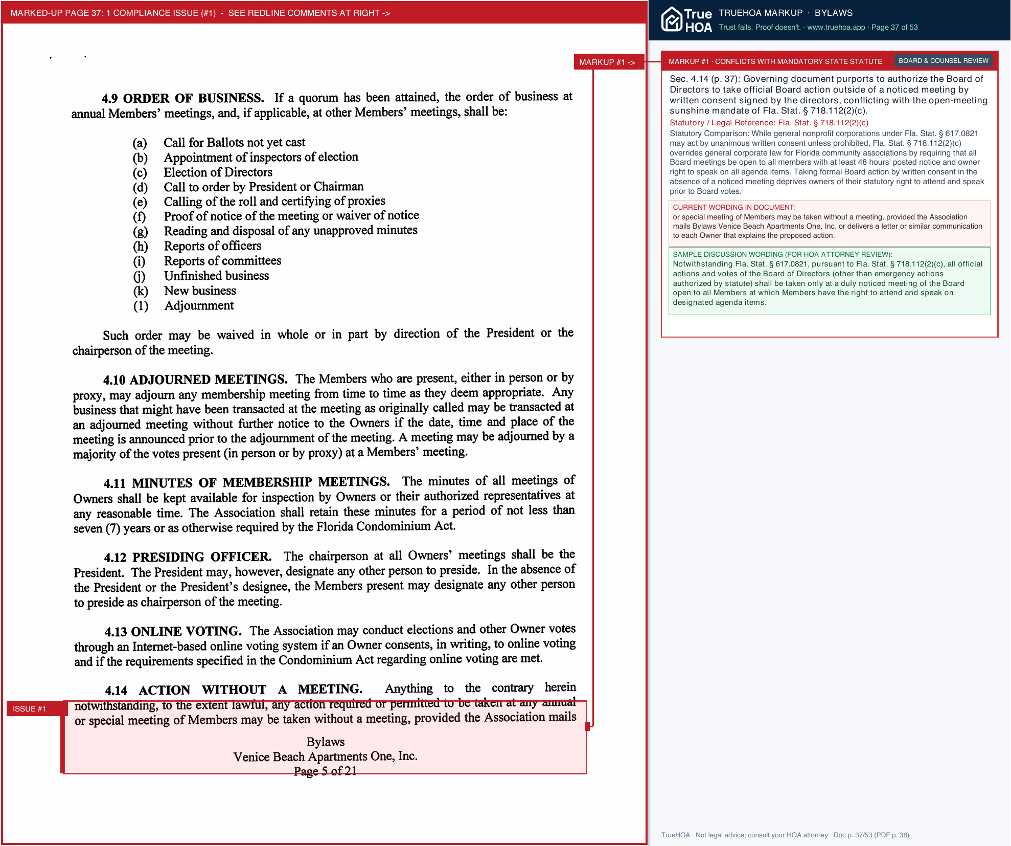 Venice Beach Apartments One Condominium Association VBA1 Declaration of Condo and Amended & Restated Bylaws page 37 widened with TrueHOA Crystal AI margin annotations