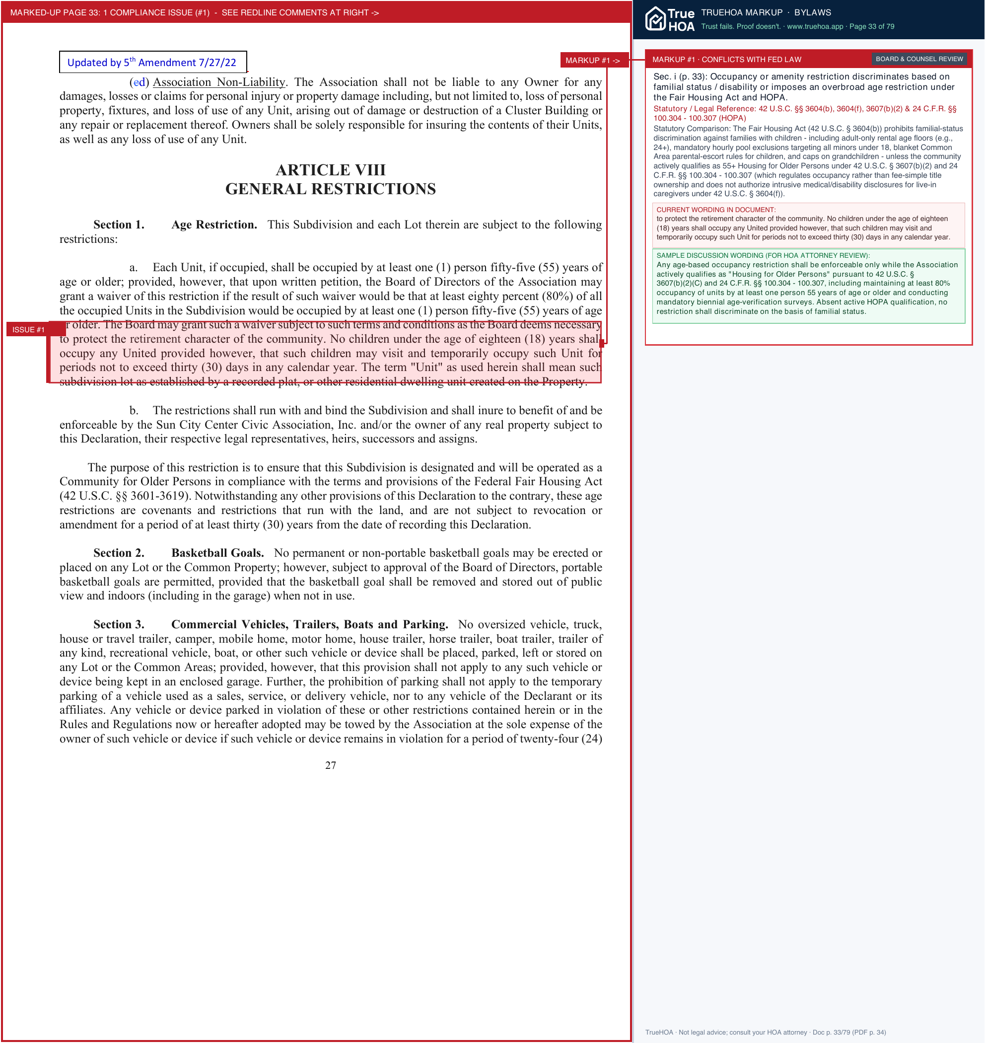 Verona HOA VHA Docs Consolidated Searchable Text Covenants, AOI, Bylaws, Amendments (2022 08 01) page 33 widened with TrueHOA Crystal AI margin annotations