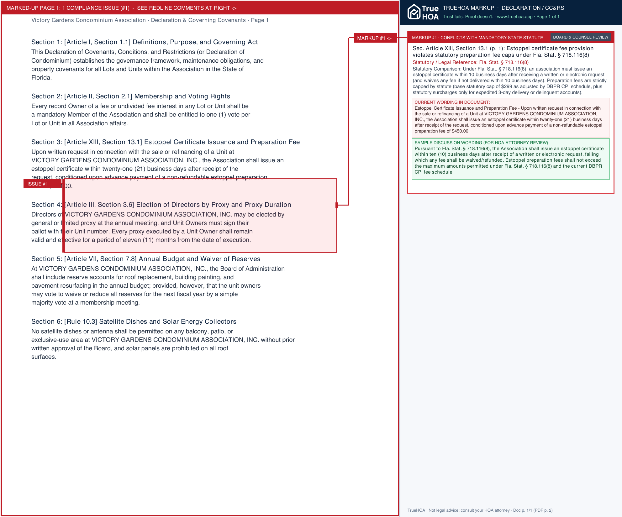 Victory Gardens Condominium Association Declaration & Governing Covenants page 1 widened with TrueHOA Crystal AI margin annotations