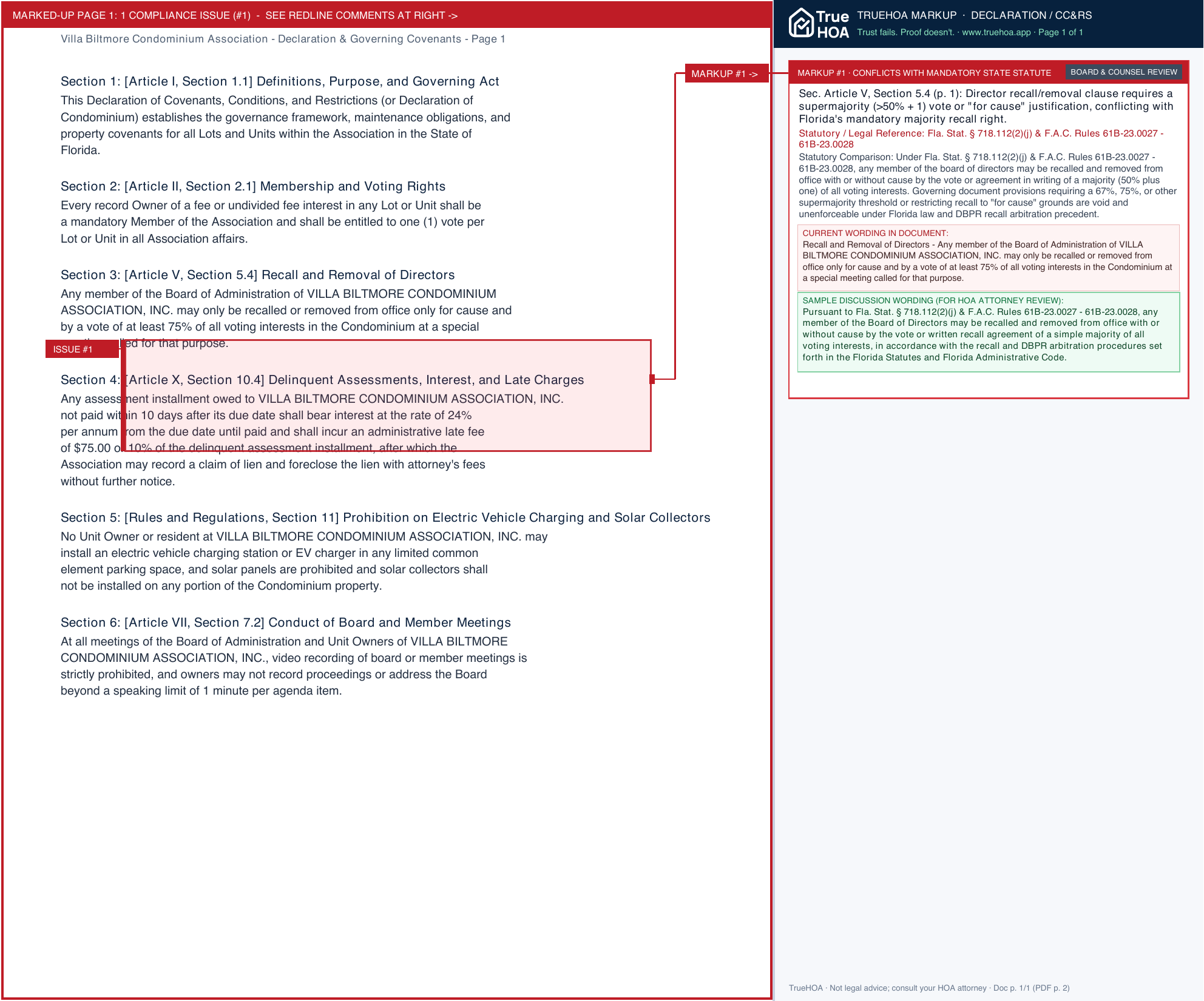 Villa Biltmore Condominium Association Declaration & Governing Covenants page 1 widened with TrueHOA Crystal AI margin annotations