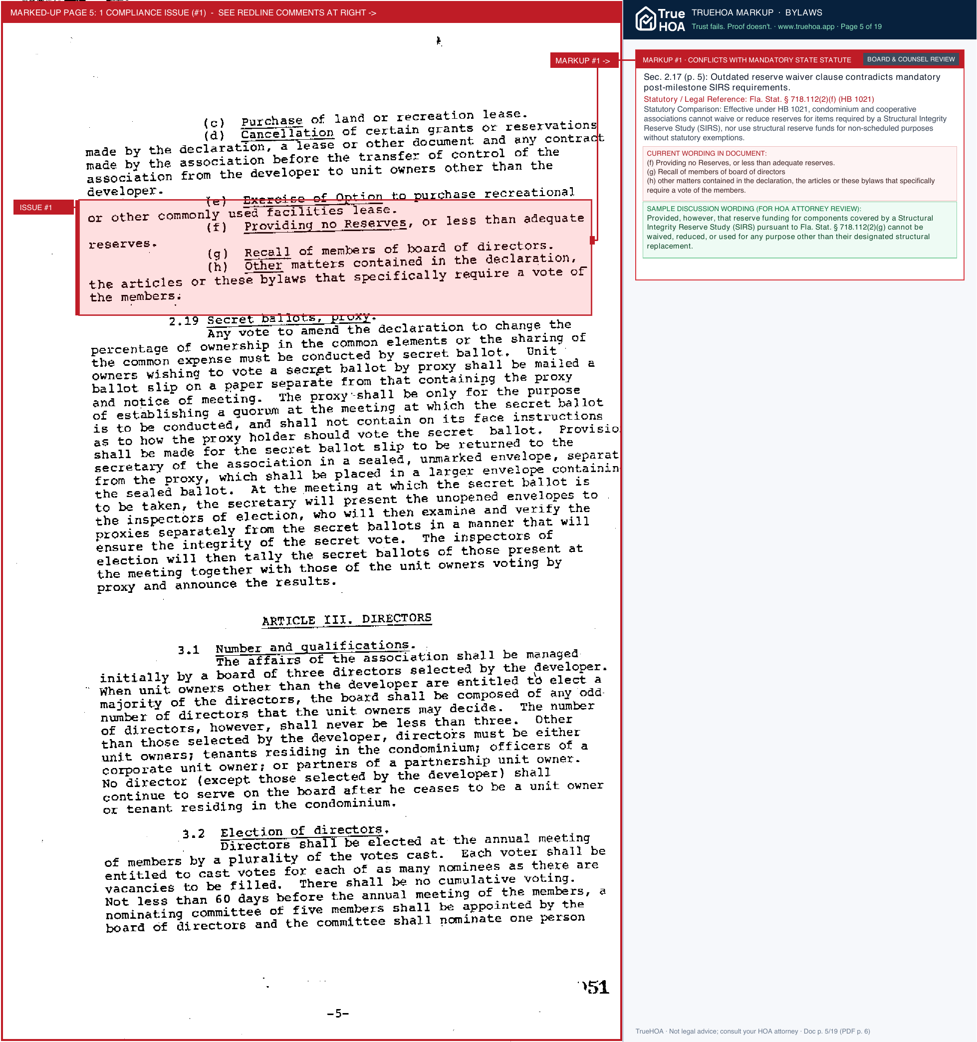 Villa D'este Section B Condominium Association VDEB DOCS Bylaws v1 page 5 widened with TrueHOA Crystal AI margin annotations
