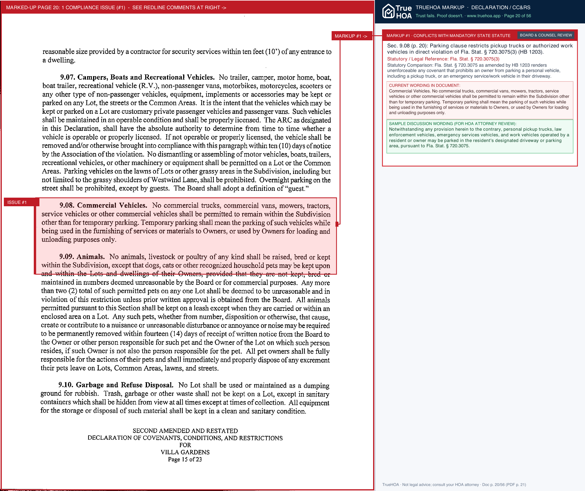 Villa Gardens Owners Association VG Amended and Restated Declaration of Covenants 3 11 2020 page 20 widened with TrueHOA Crystal AI margin annotations