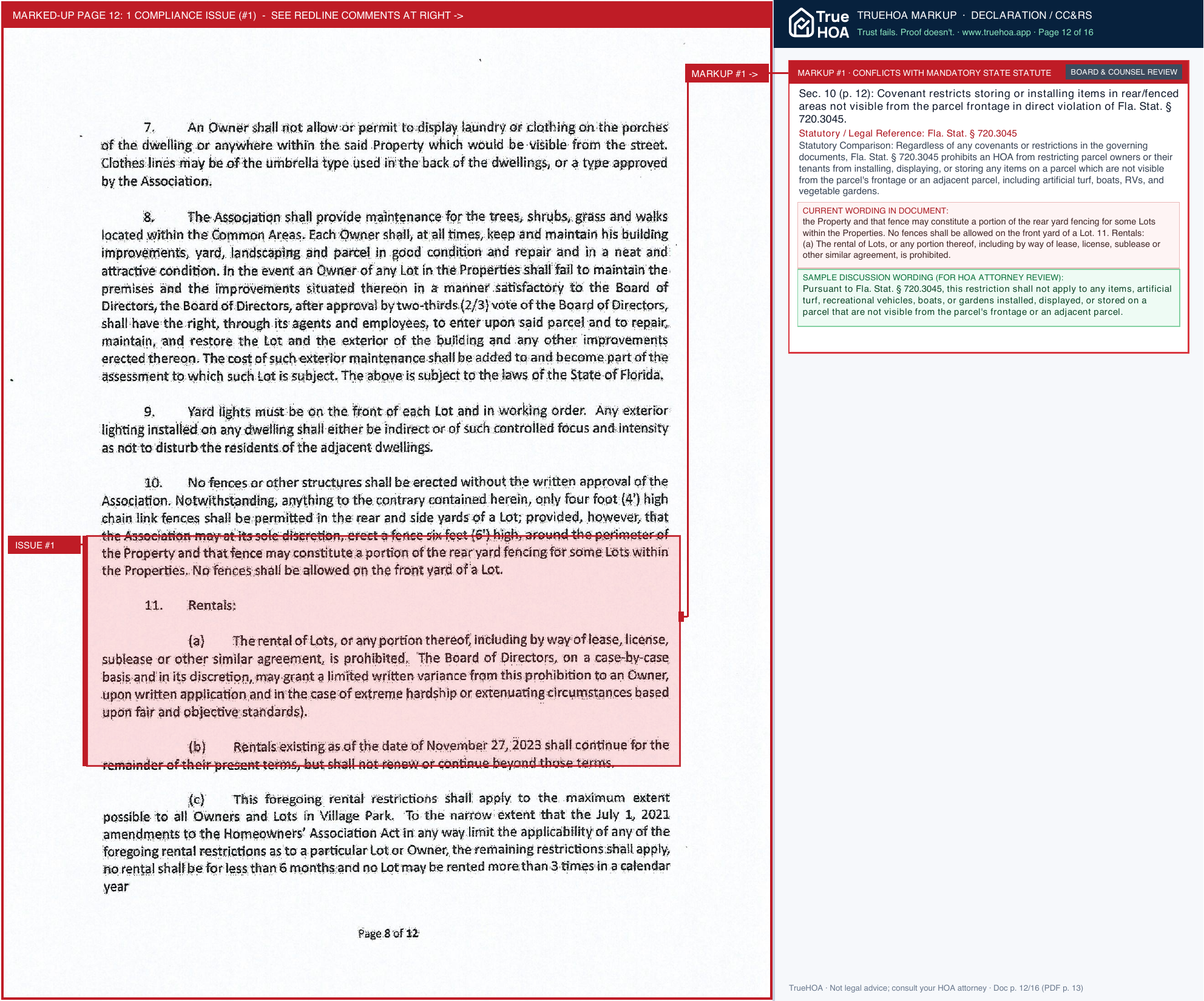 Village Park Association 2025 First Amendment To The 2024 Recorded Amended And Restated page 12 widened with TrueHOA Crystal AI margin annotations
